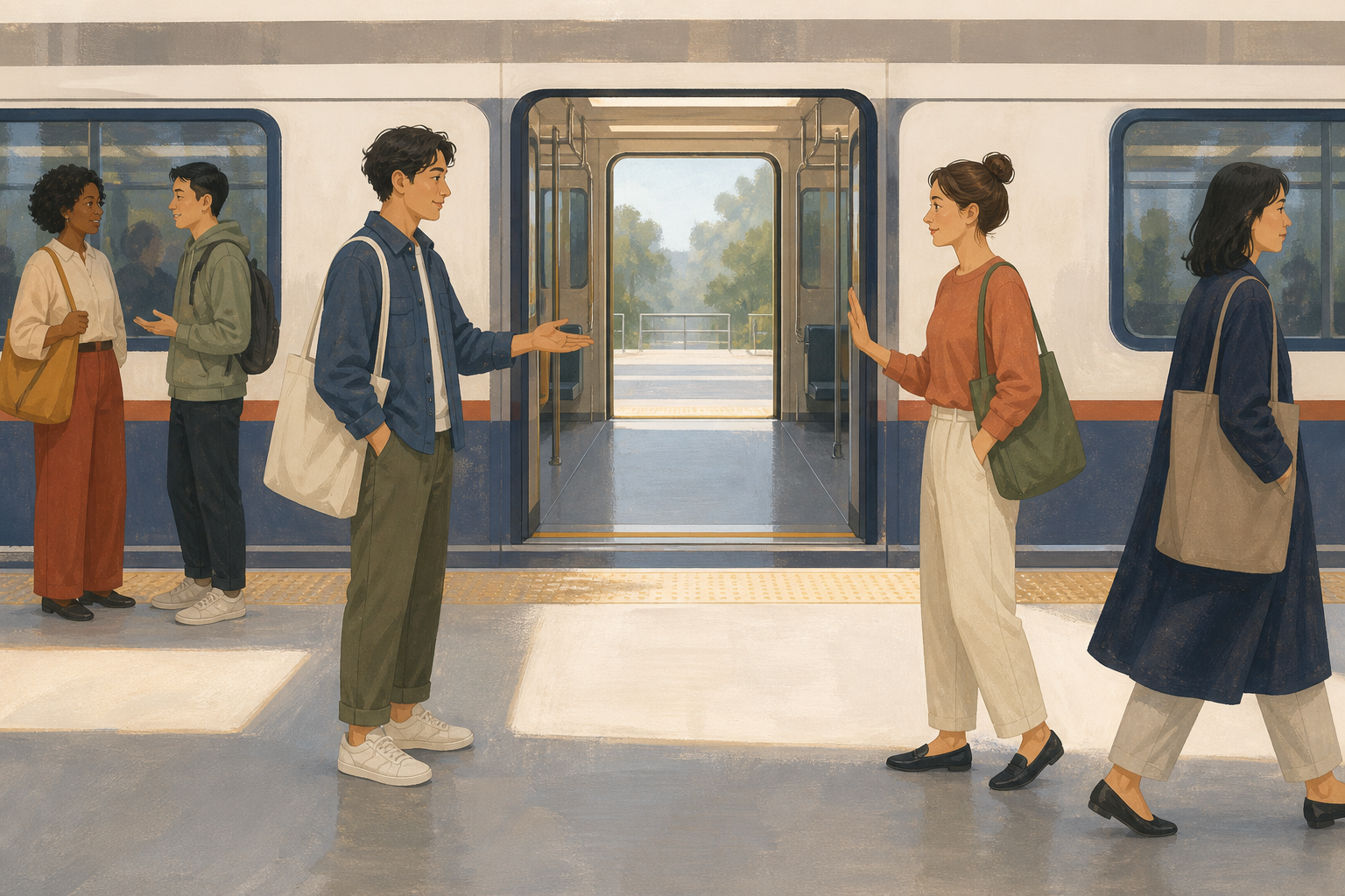 One commuter respectfully declines another person's invitation beside an open train door, with a clear path to leave and other passengers remaining undisturbed.