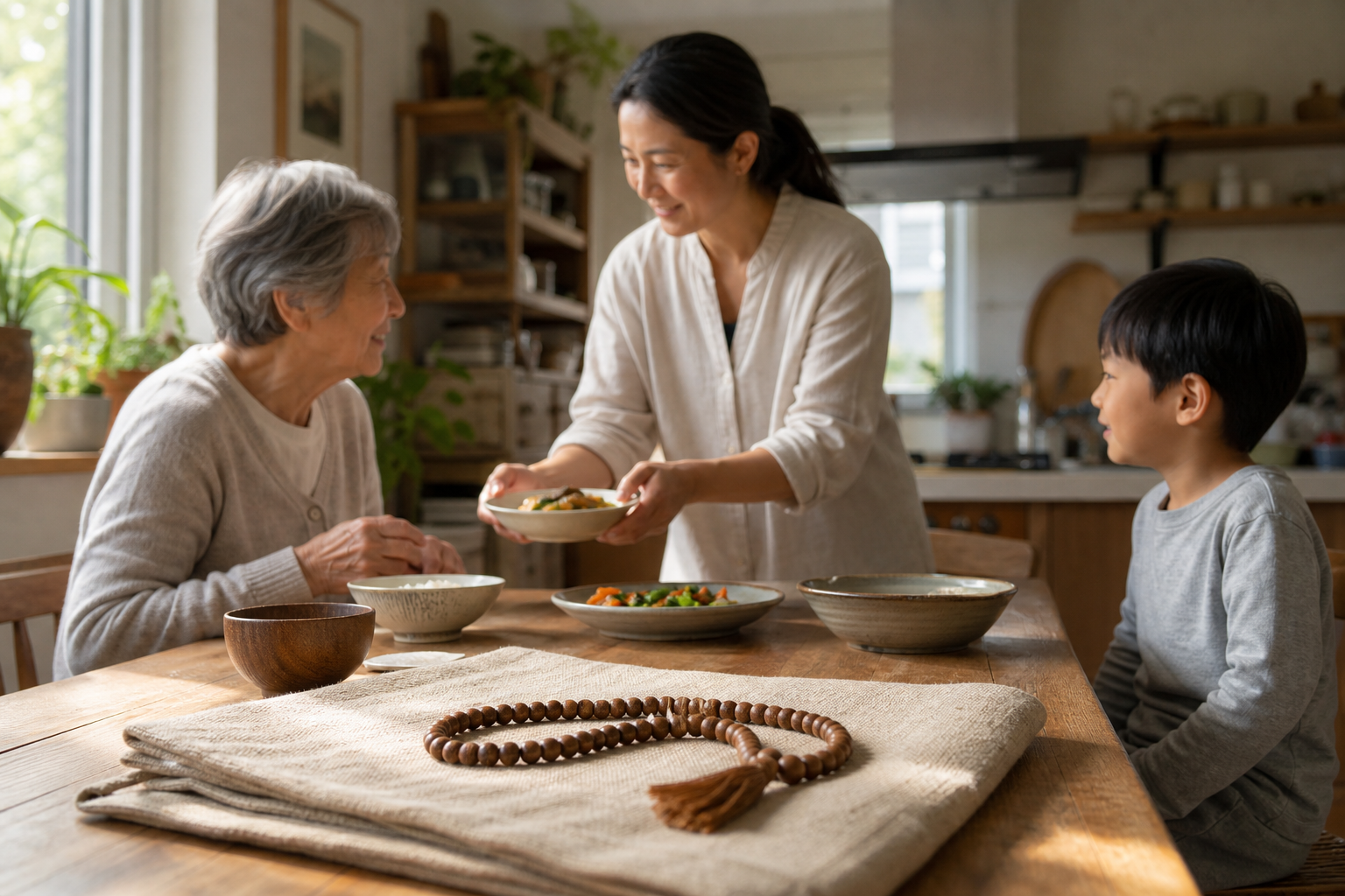Prayer beads rest on a folded cloth while a practitioner serves a meal to an older adult and a child in a sunlit kitchen.
