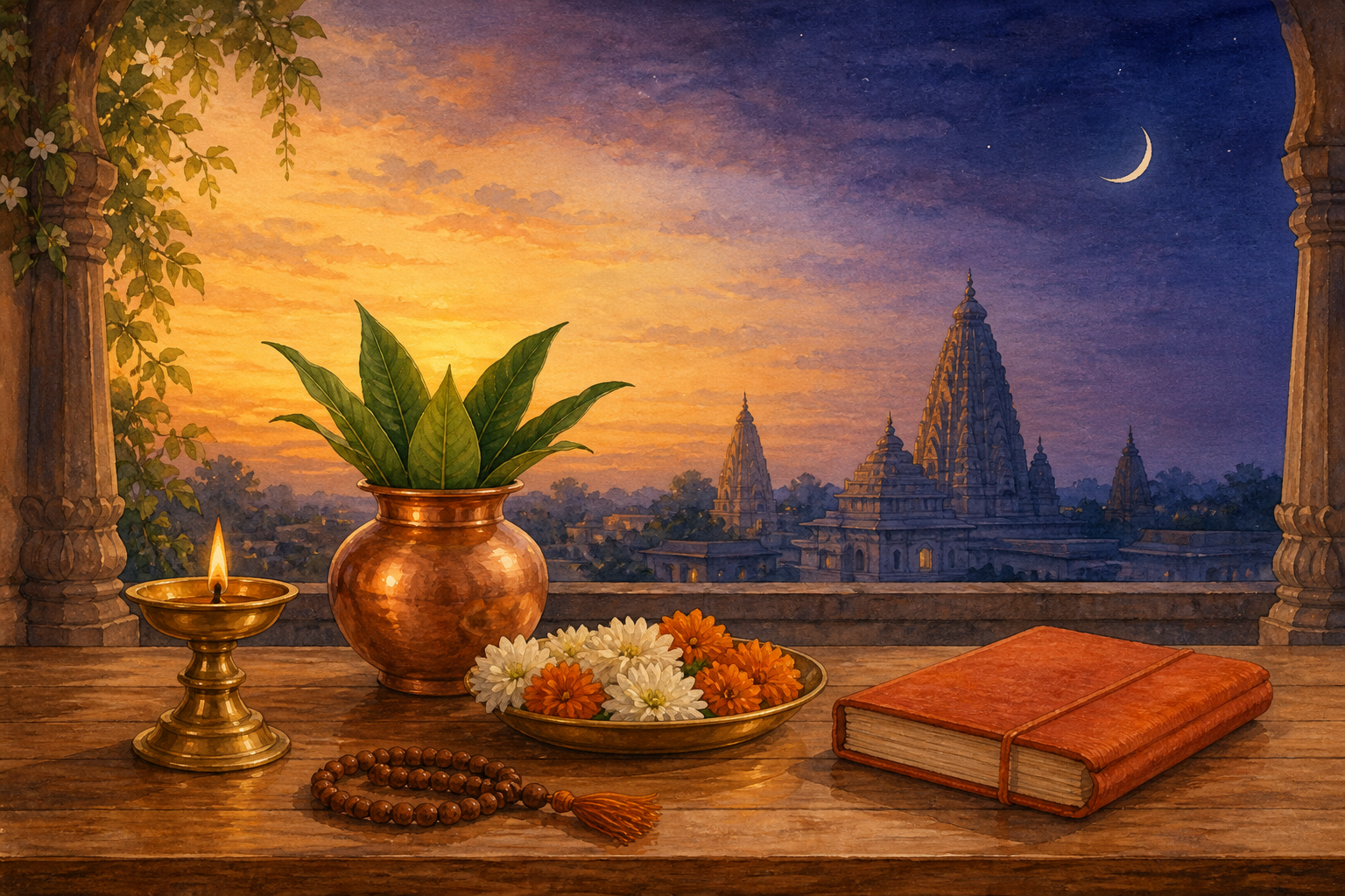 A brass oil lamp, copper kalash, flowers, prayer beads, and a closed scripture sit on a home altar as the sky changes from golden daylight to indigo twilight beneath a waxing crescent moon.