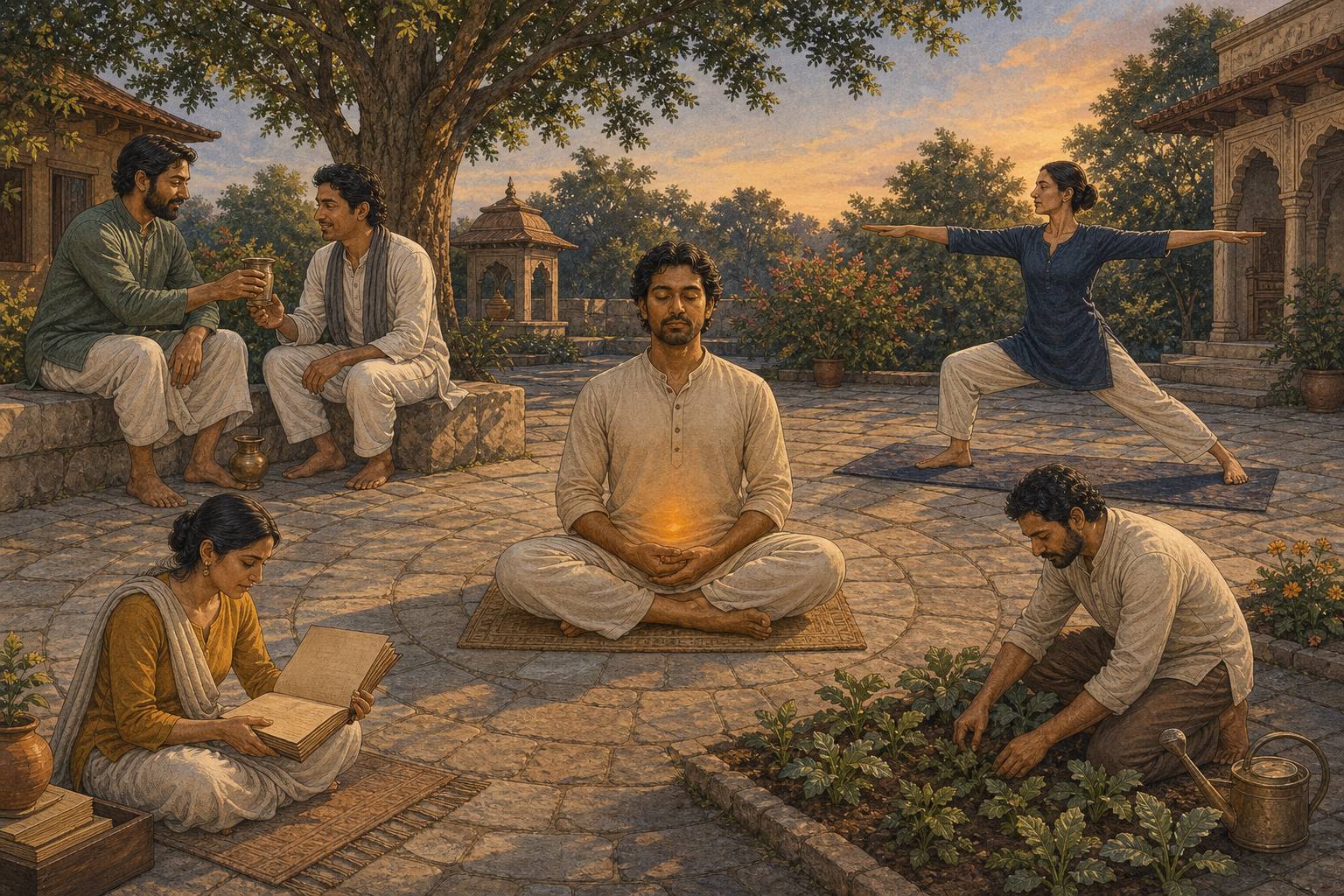 A central meditator is surrounded by scenes of offering water, practising yoga, studying a manuscript, and tending a garden.
