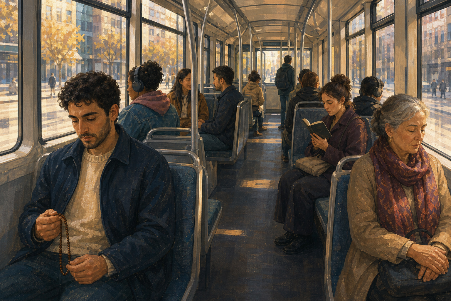 Commuters quietly use prayer beads, reflect, and read an unmarked devotional book while other tram passengers continue their journeys undisturbed.