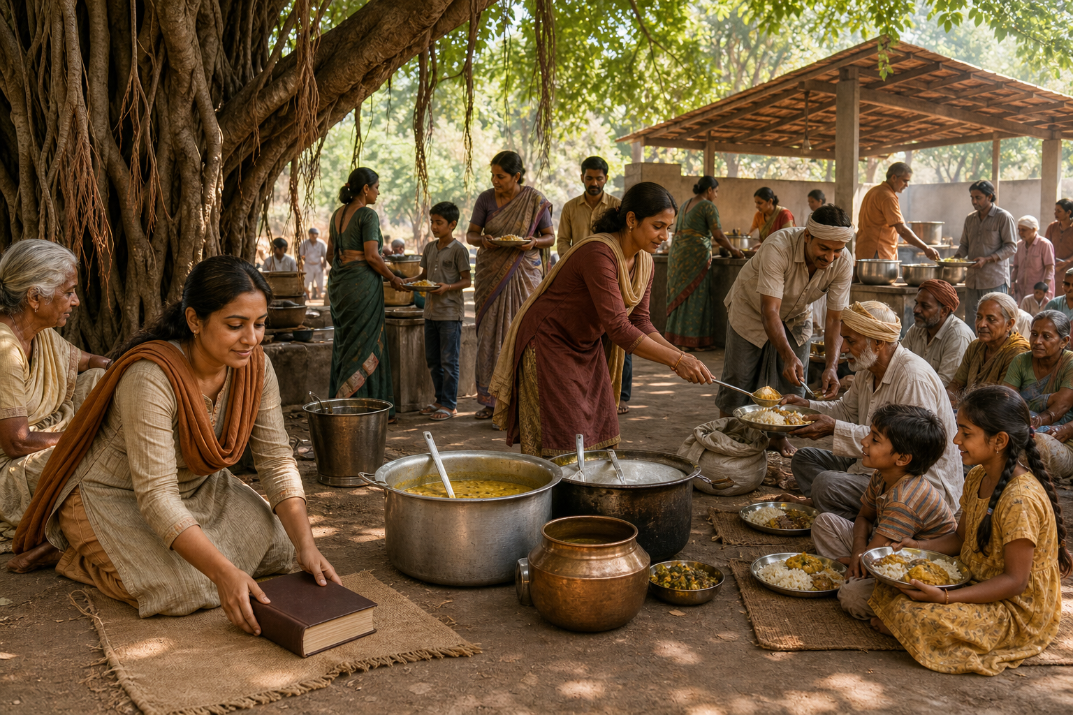 A woman leaves an unmarked scripture beneath a banyan tree and joins a multigenerational group serving a community meal.