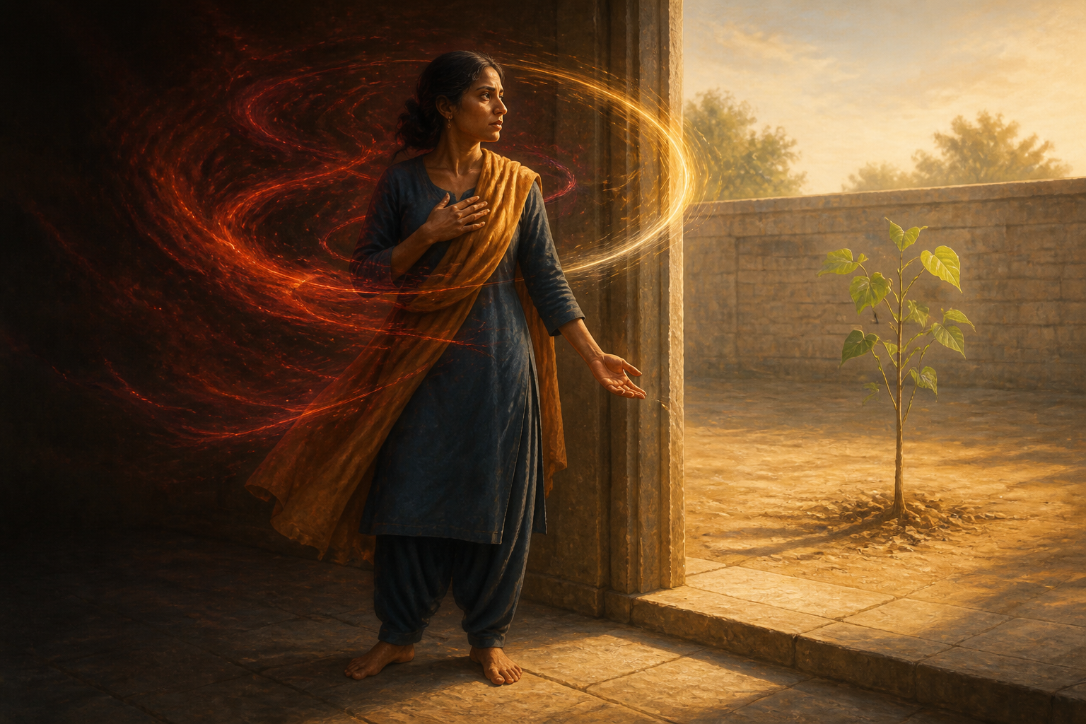 A person pauses at the edge of a sunlit courtyard as a red ribbon of light around the body becomes a clear golden arc near the face.