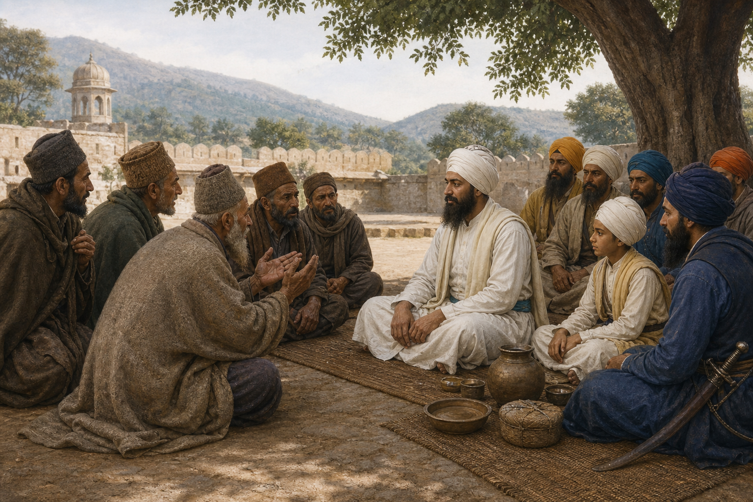 Guru Tegh Bahadur listens to a delegation of Kashmiri Hindu elders in a shaded seventeenth-century courtyard at Anandpur.