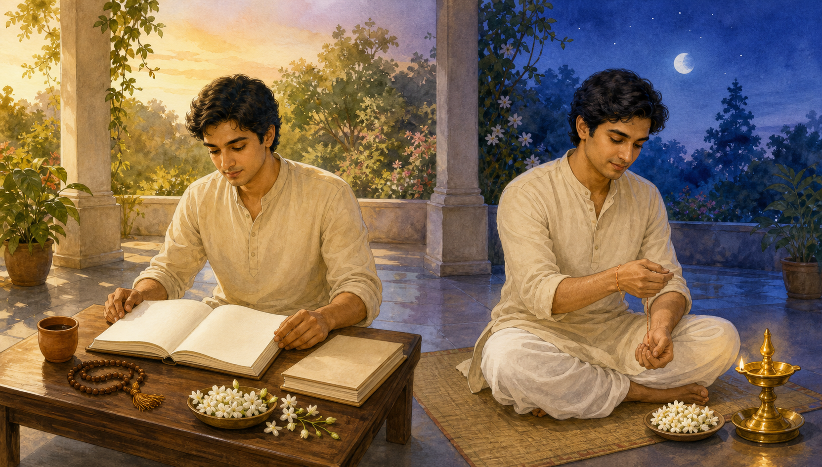A practitioner studies and prepares materials in afternoon light on one side of a veranda, then continues a devotional commitment beside a lit oil lamp in the evening.