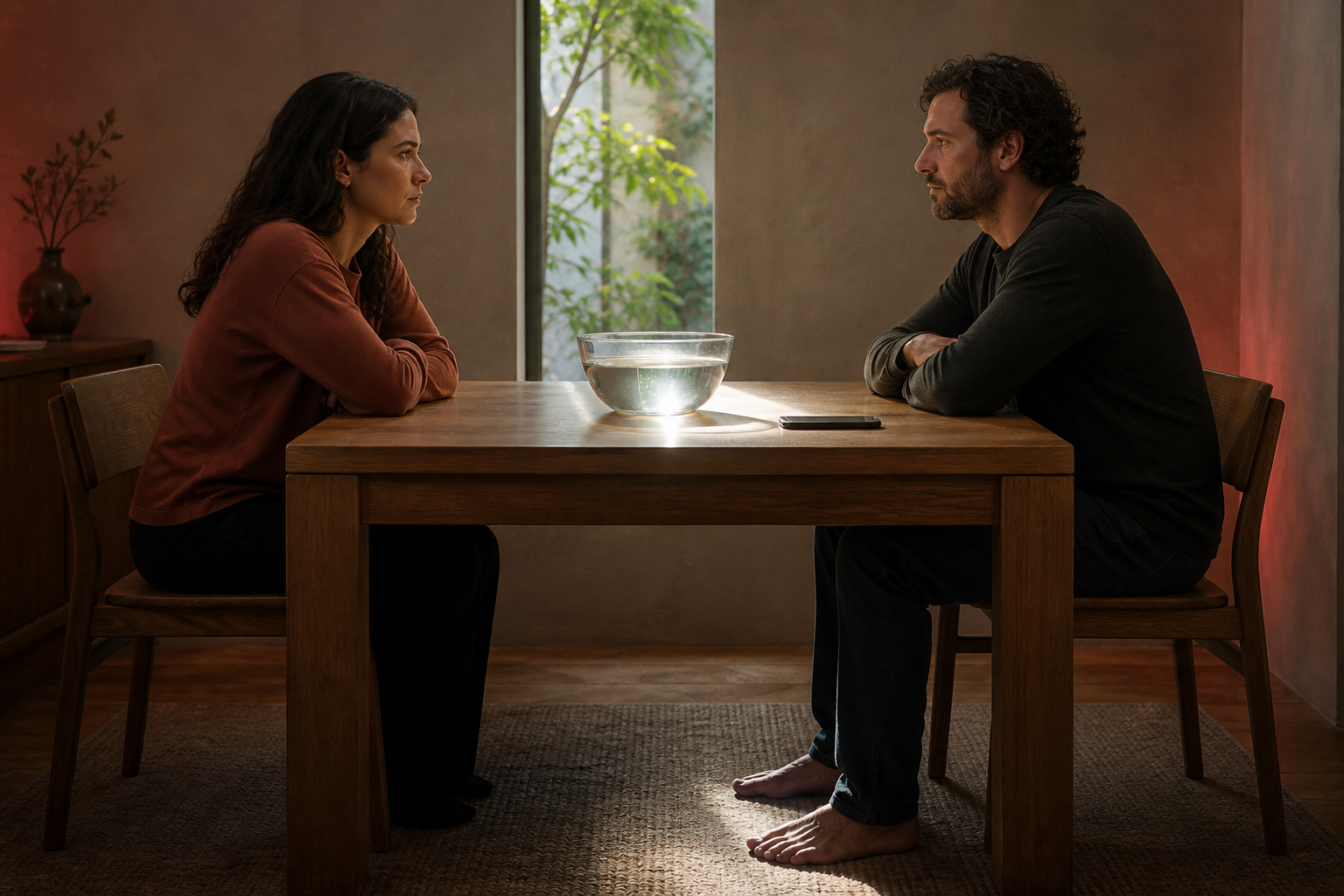 Two tense adults pause across a wooden table while a face-down phone and a clear bowl of water sit between them.