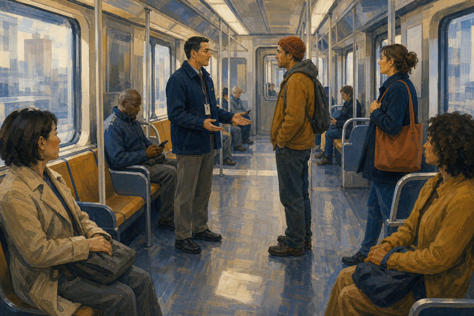 A transit staff member calmly addresses a standing passenger while another commuter keeps a safe distance and the rest of the carriage remains orderly.
