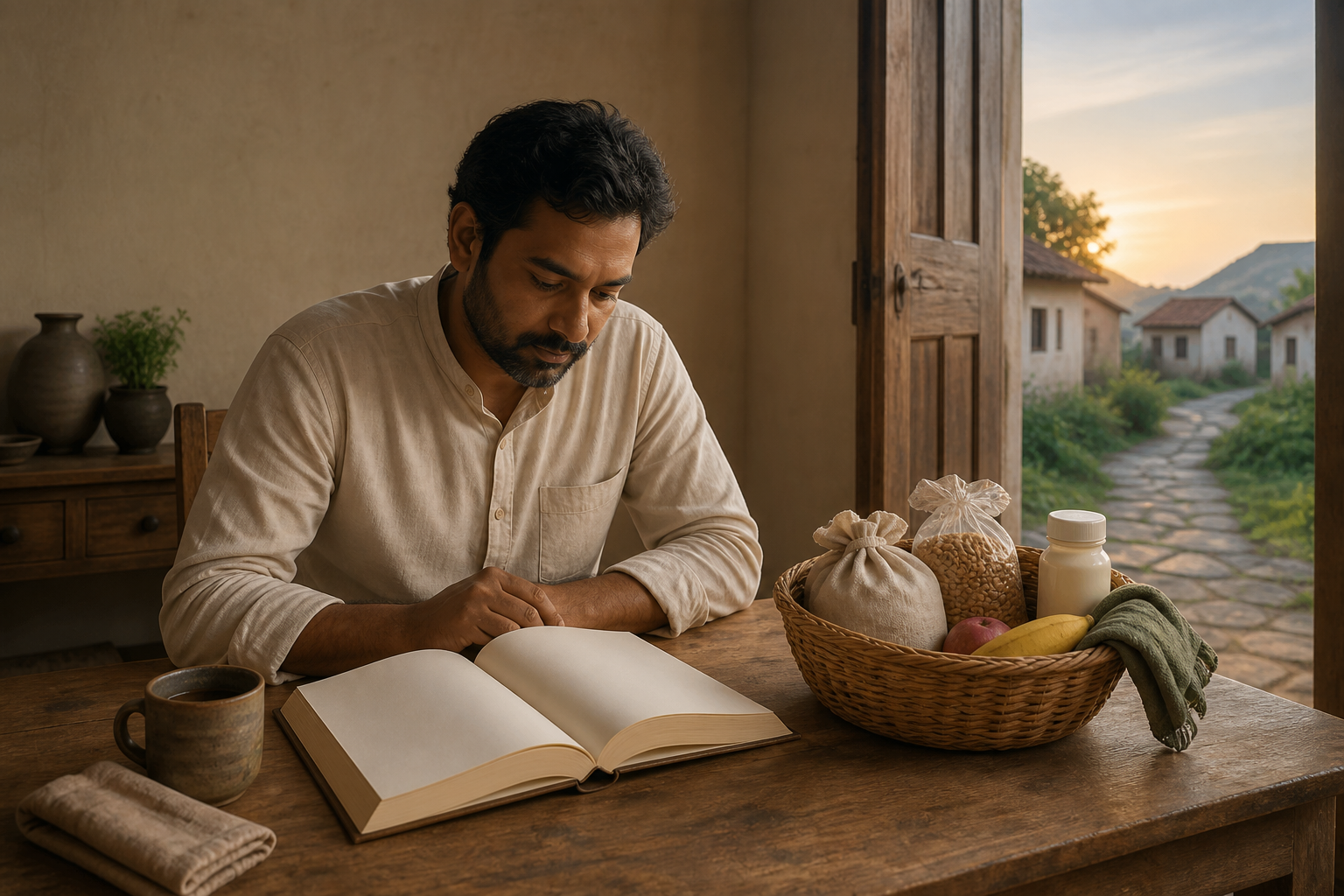 An adult reflects beside an open unmarked sacred book while preparing a basket of food and supplies near a doorway at dawn.