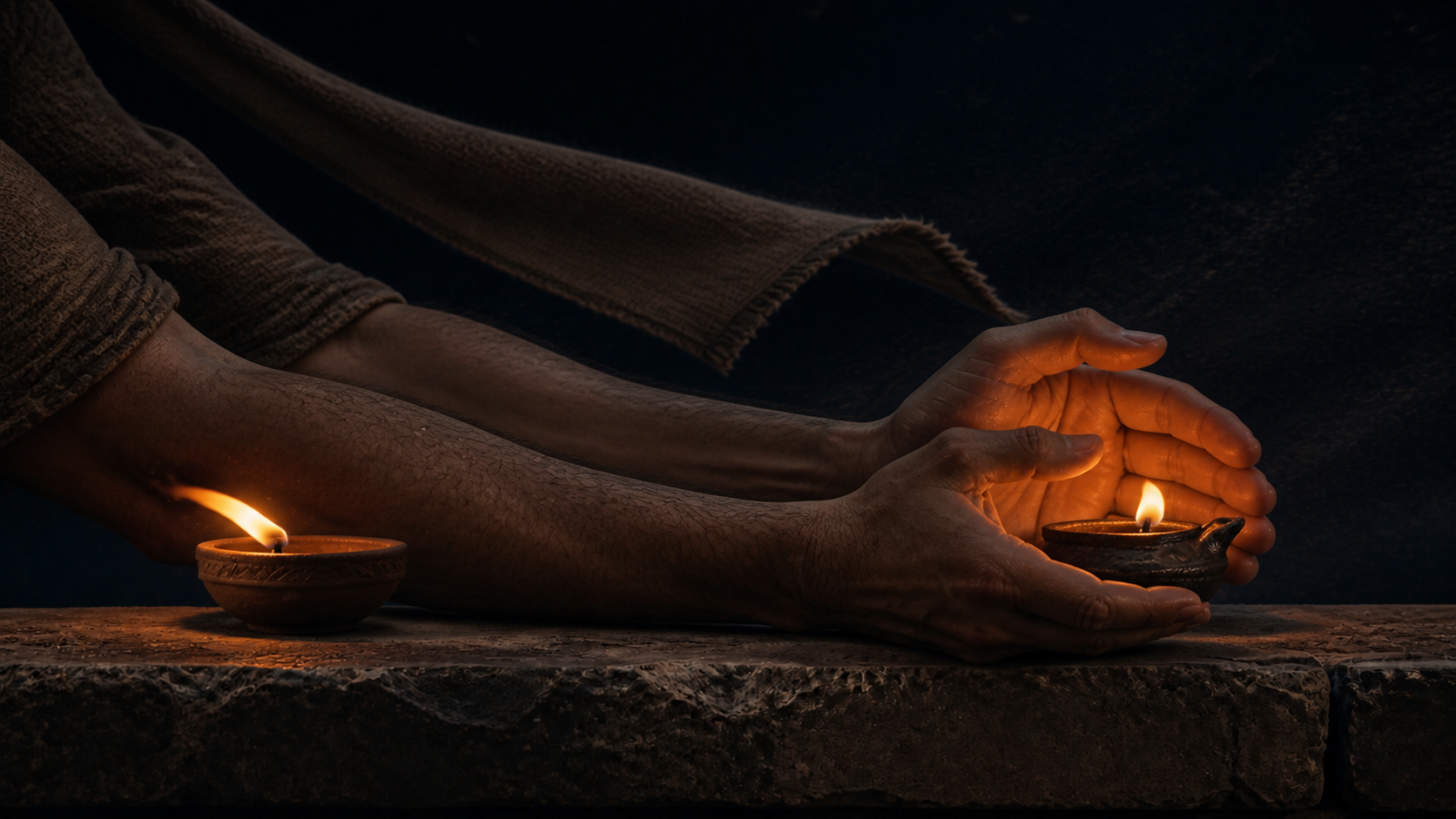 A pair of hands reaches across a stone ledge to shield one of two different oil lamps from a strong wind.