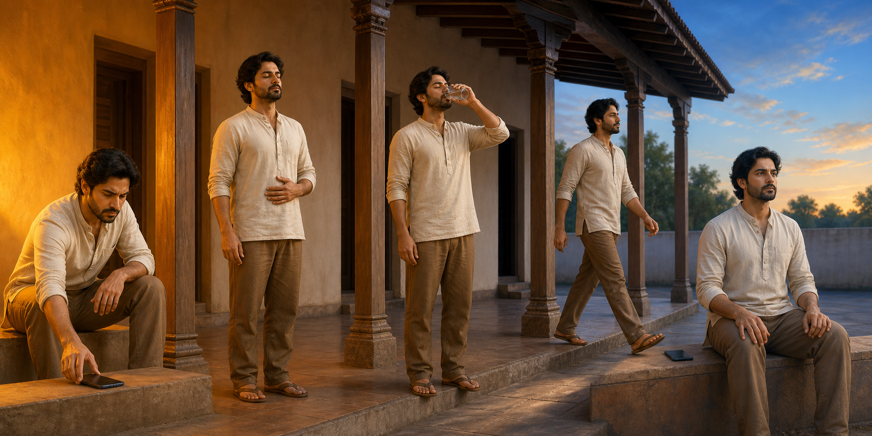 One person is shown in five successive moments setting down a phone, breathing, drinking water, walking, and returning calmly to the seat.