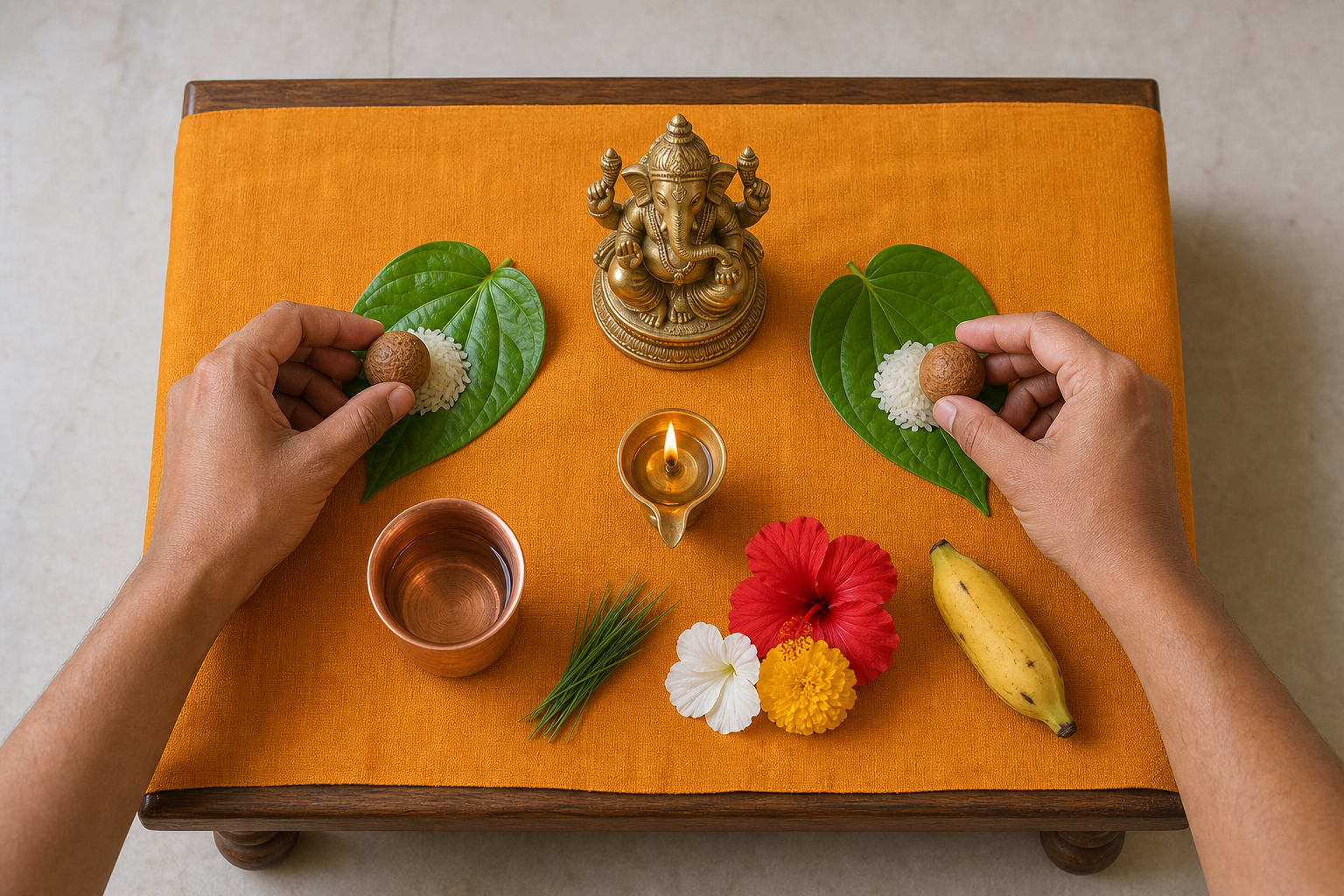 Hands place two whole areca nuts on separate rice-topped betel leaves beside a brass Ganesha murti on a simple home altar.