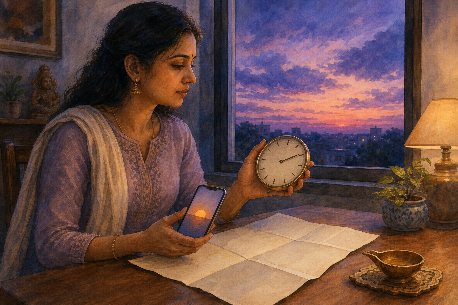 A practitioner at dusk compares an unlabeled analog clock, the outdoor horizon, and a phone with a simple sun icon before lighting a brass oil lamp.