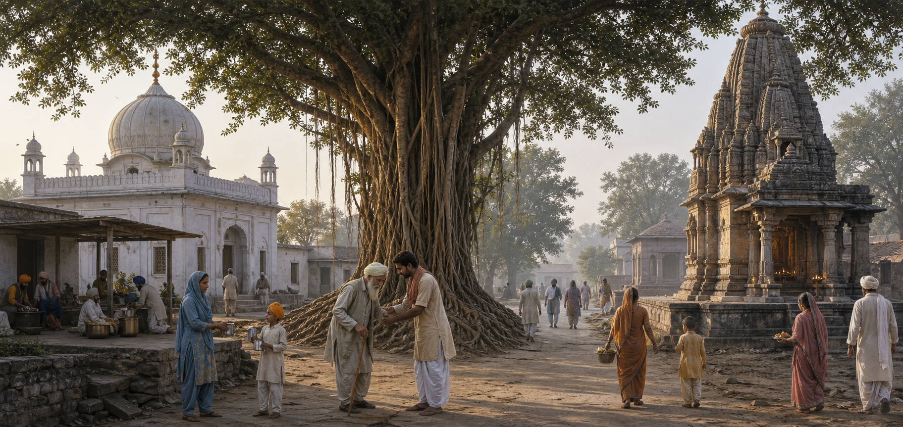 A gurdwara and a Hindu temple stand on opposite sides of a shared path beneath a large banyan tree as families serve food and water.