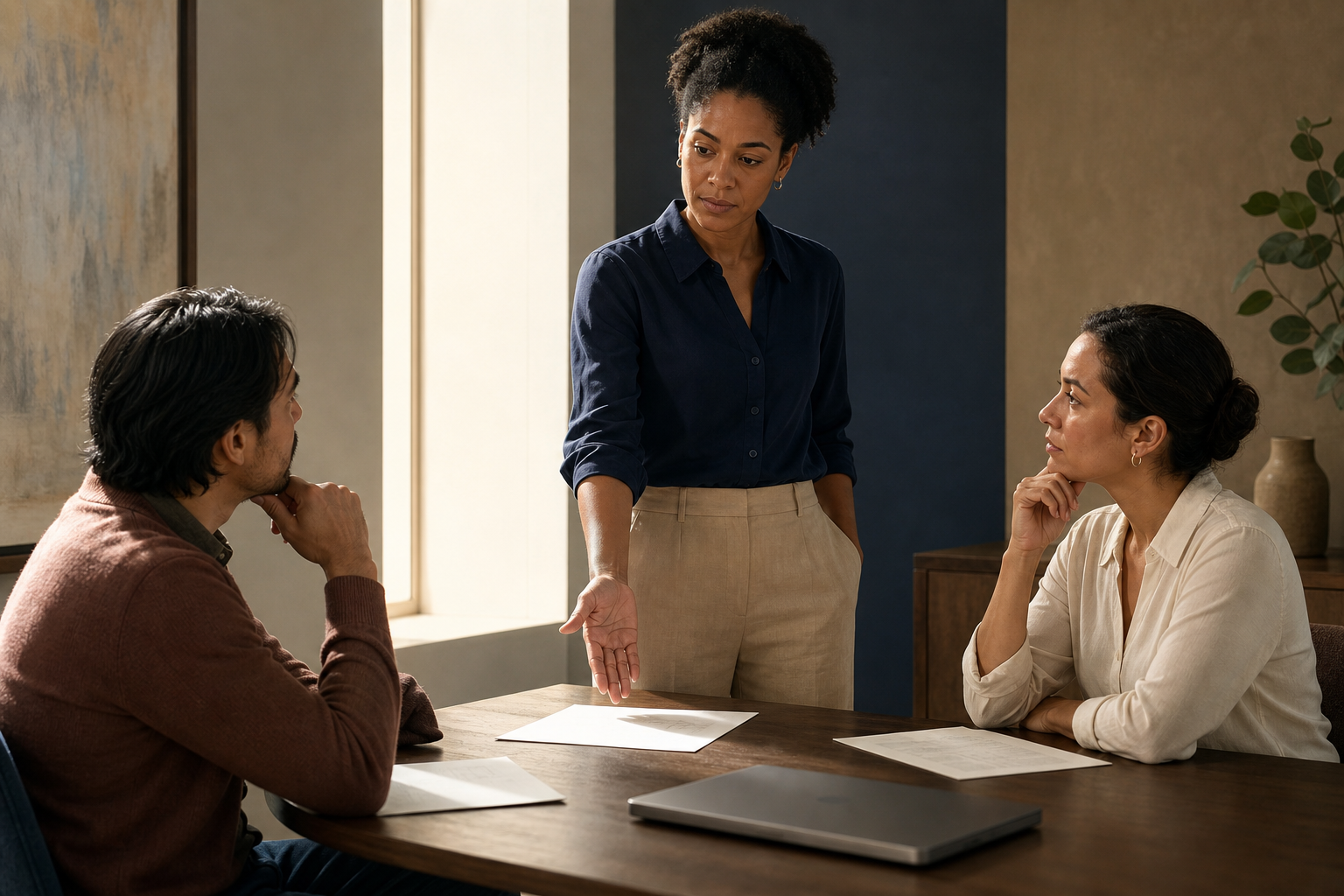 A composed person stands in a meeting room and gestures toward a document while speaking firmly to two seated colleagues.