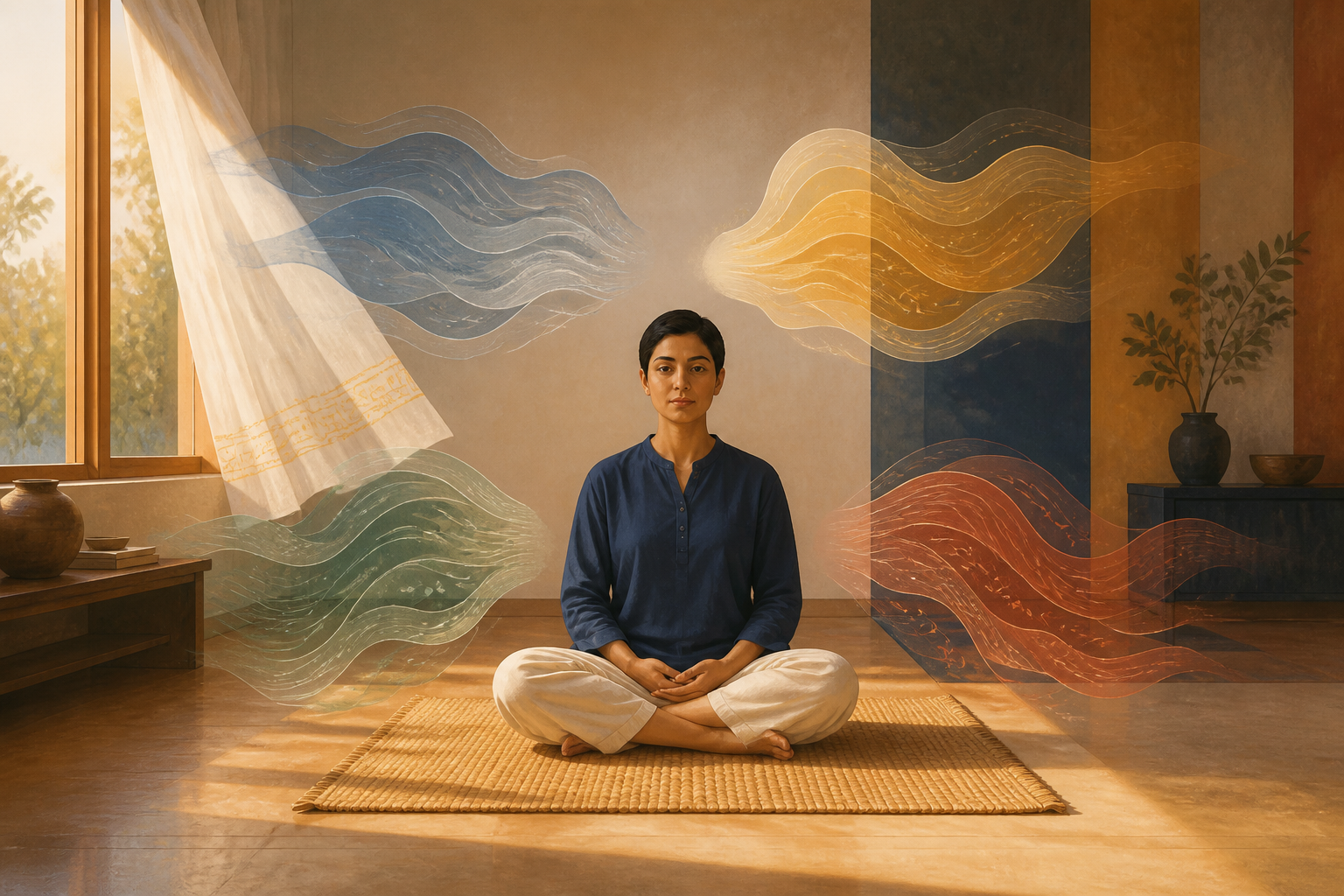 A seated practitioner remains still as translucent ripples and a moving curtain suggest changing sensations, thoughts, and surroundings.