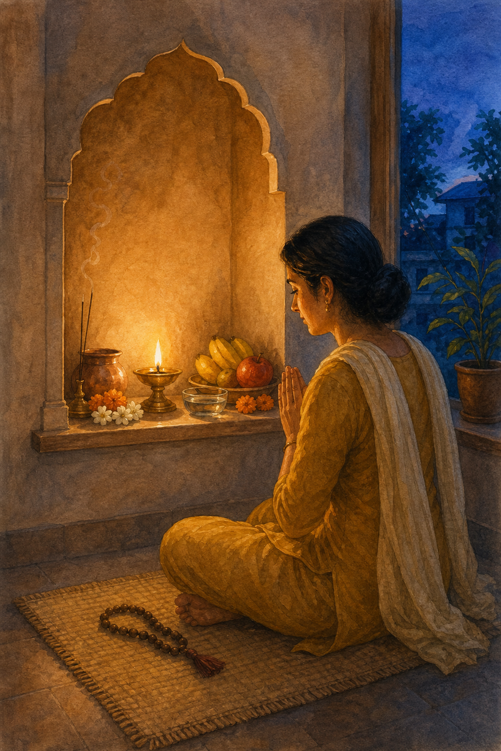 A person sits in prayer on a woven mat before a modest home altar with a brass lamp, copper vessel, flowers, fruit, incense, and prayer beads.