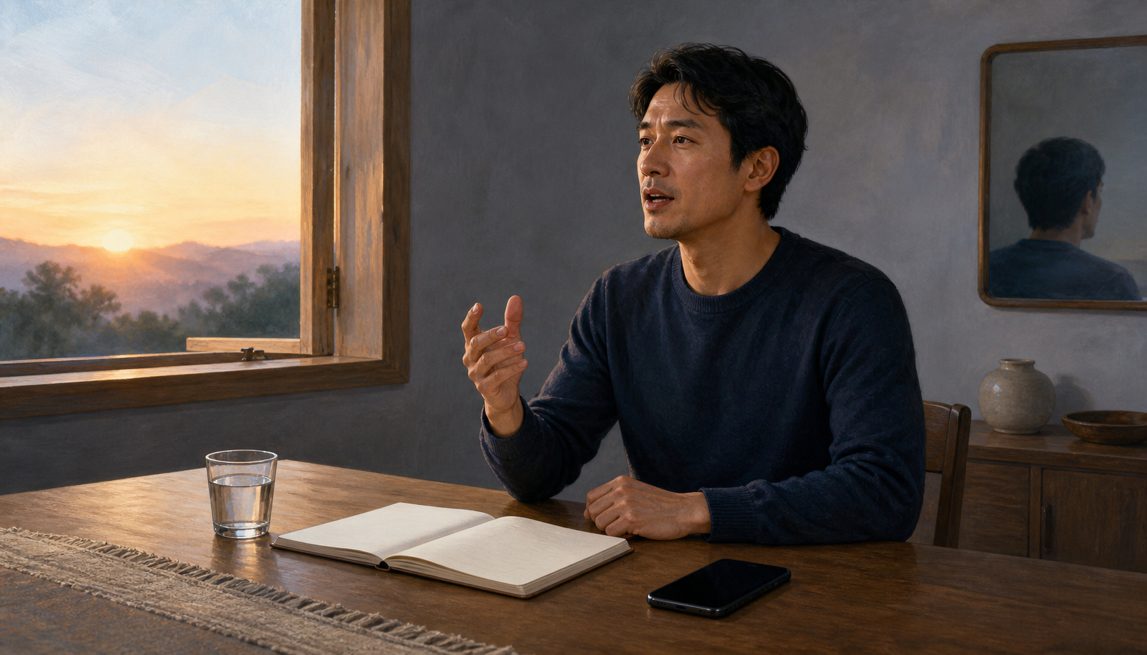 A person practices speaking calmly at a desk beside a blank notebook, a turned-off phone, and a cup of water at dawn.