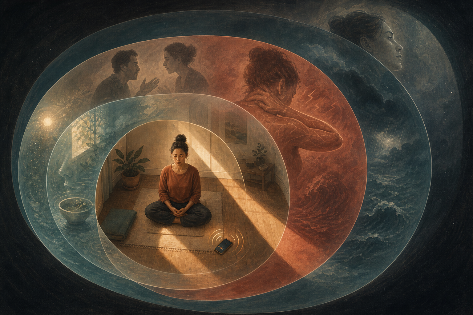 A meditating person sits at the center of layered visual impressions that include a phone, bodily tension, sensory details, and remembered faces.