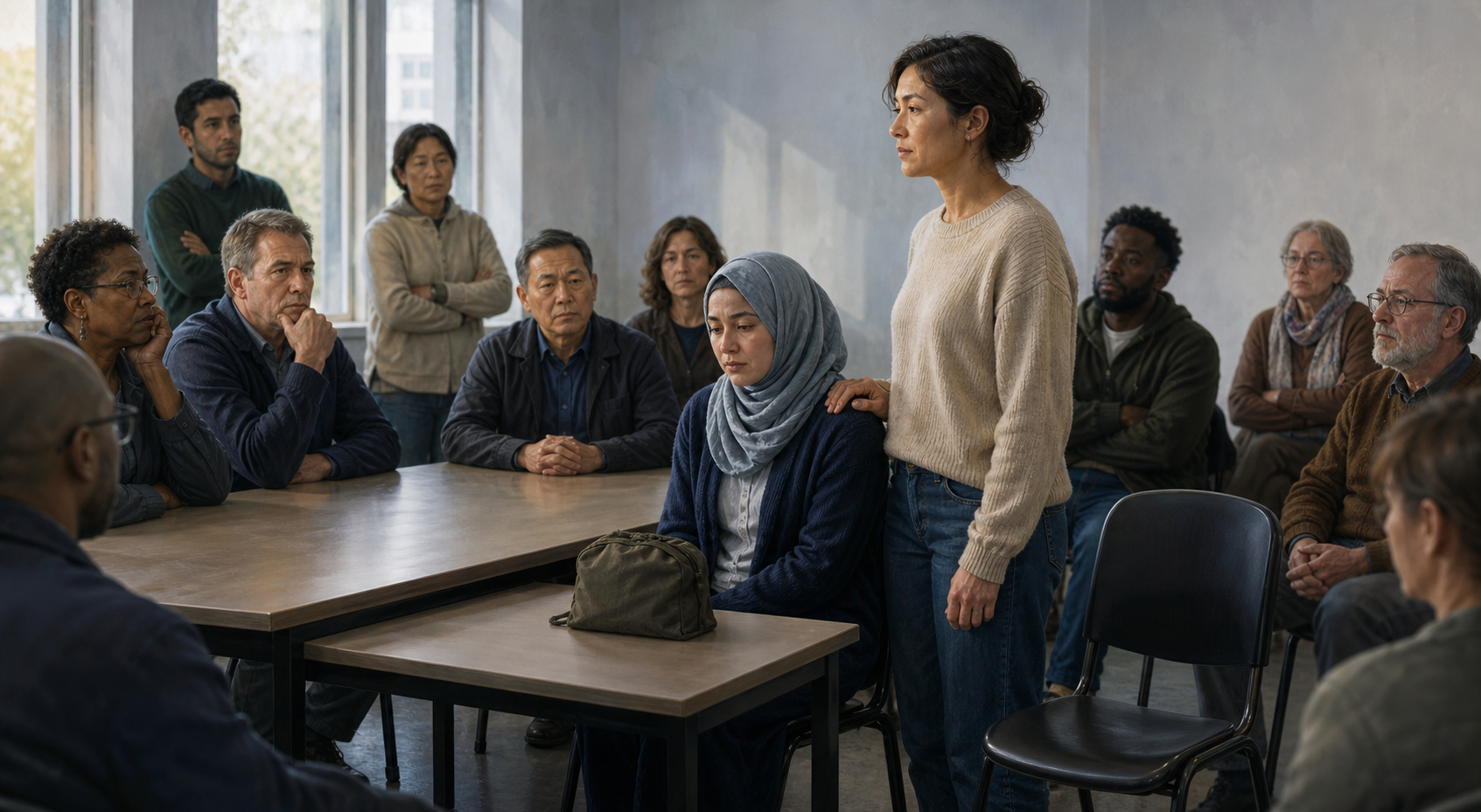 A person leaves an empty chair at a community meeting and stands beside a vulnerable worshipper while the rest of the group deliberates.