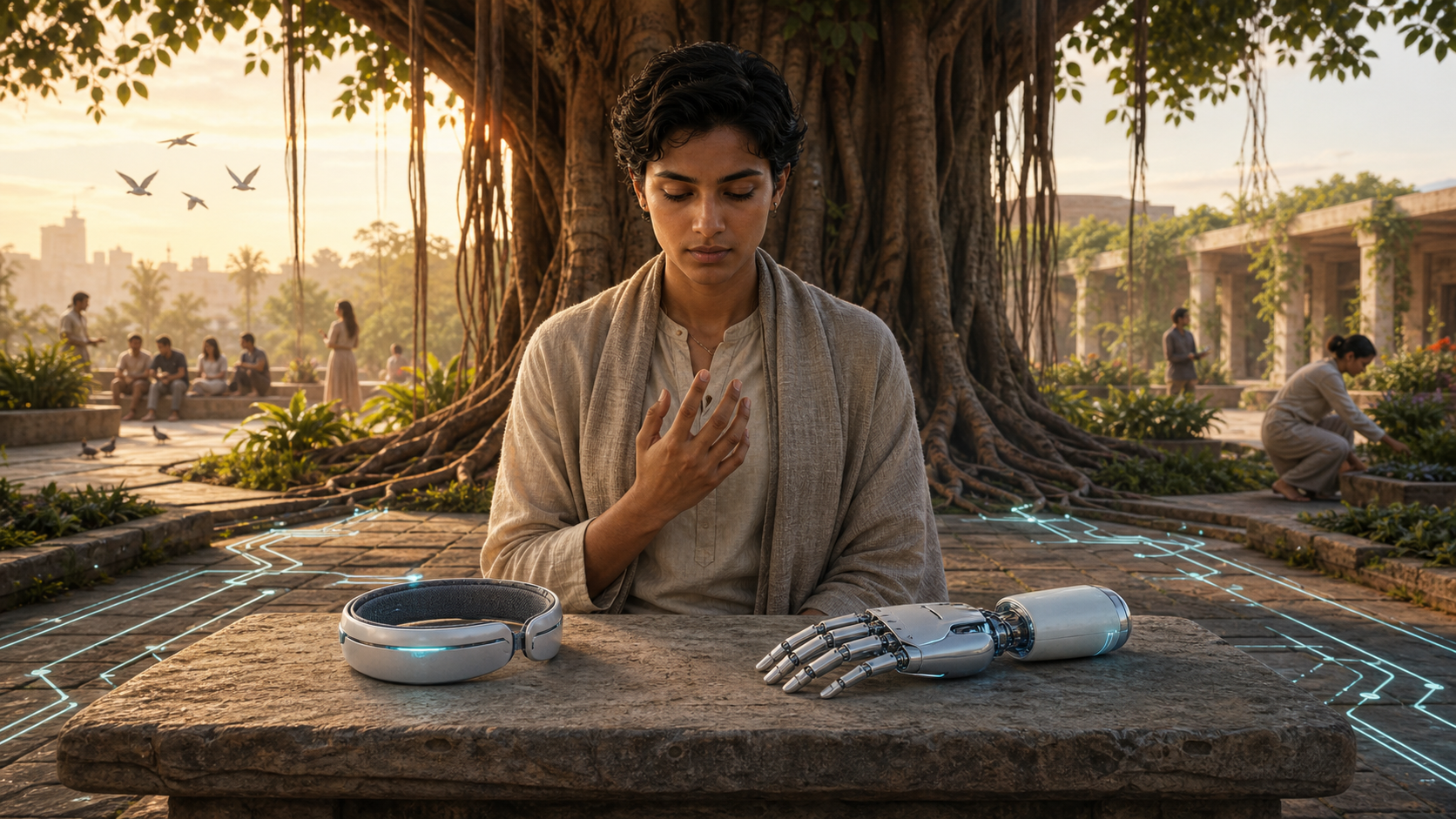 A person in a dawn courtyard considers a neural headband and an advanced prosthetic hand on a table beneath a banyan tree.