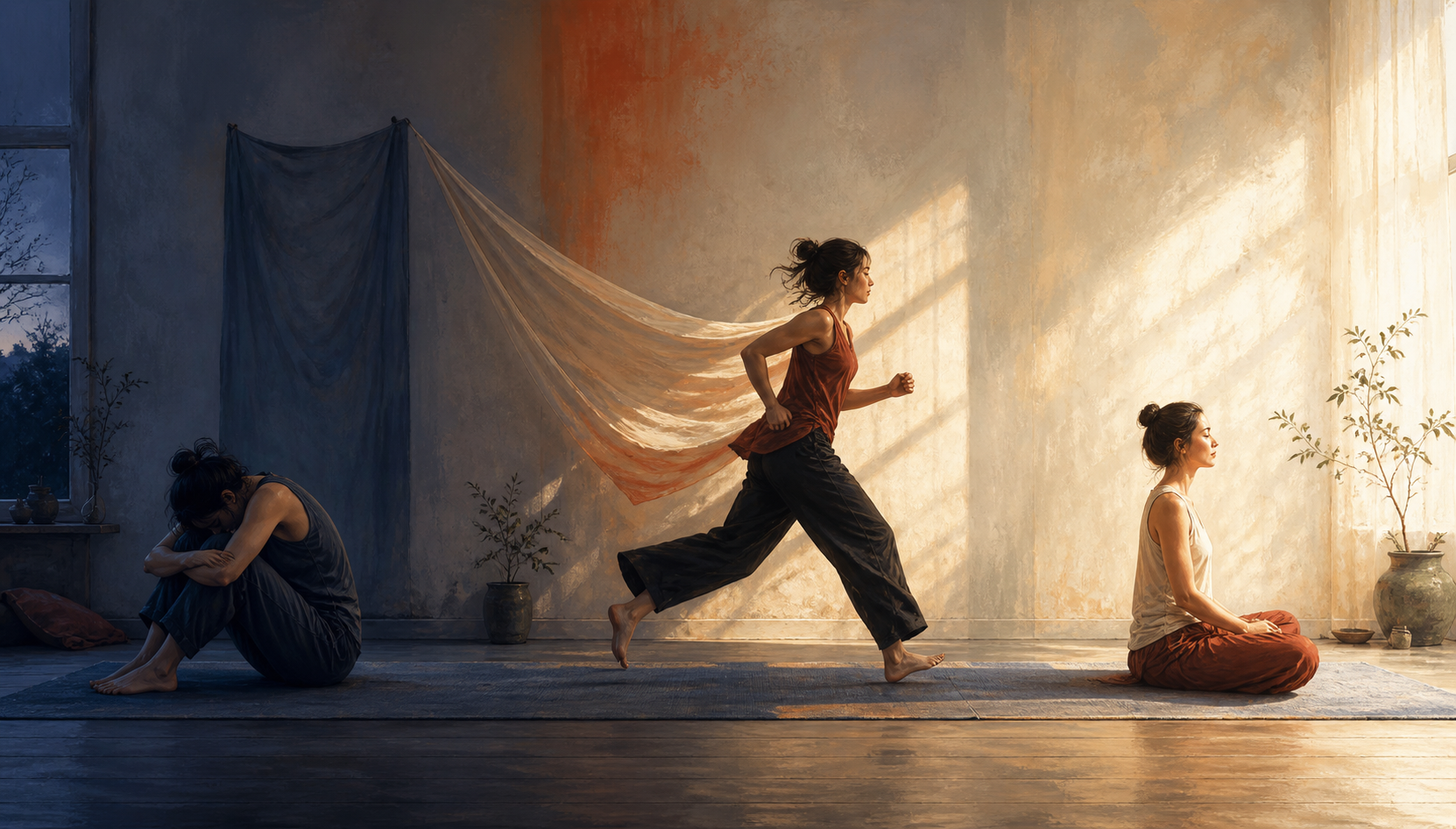 The same practice room appears in three moods: dim and heavy, bright and restless, and clear and balanced, each with a differently poised practitioner.