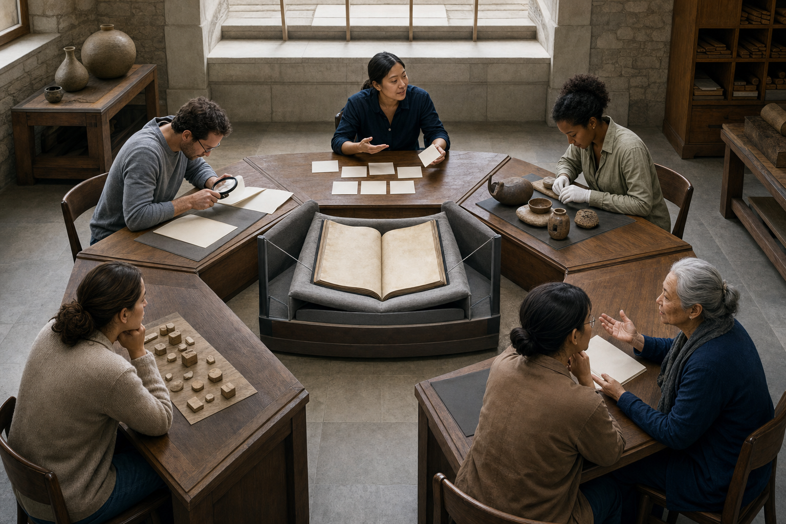 Five researchers use manuscript comparison, historical evidence, philosophical discussion, material culture, and community testimony around a protected source document.