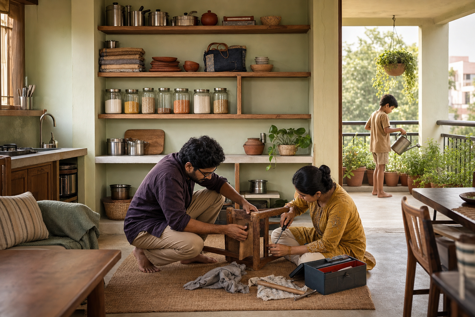 Family members repair a wooden stool in an orderly home where well-used cookware, textiles, books, tools, and balcony herbs are clearly visible.