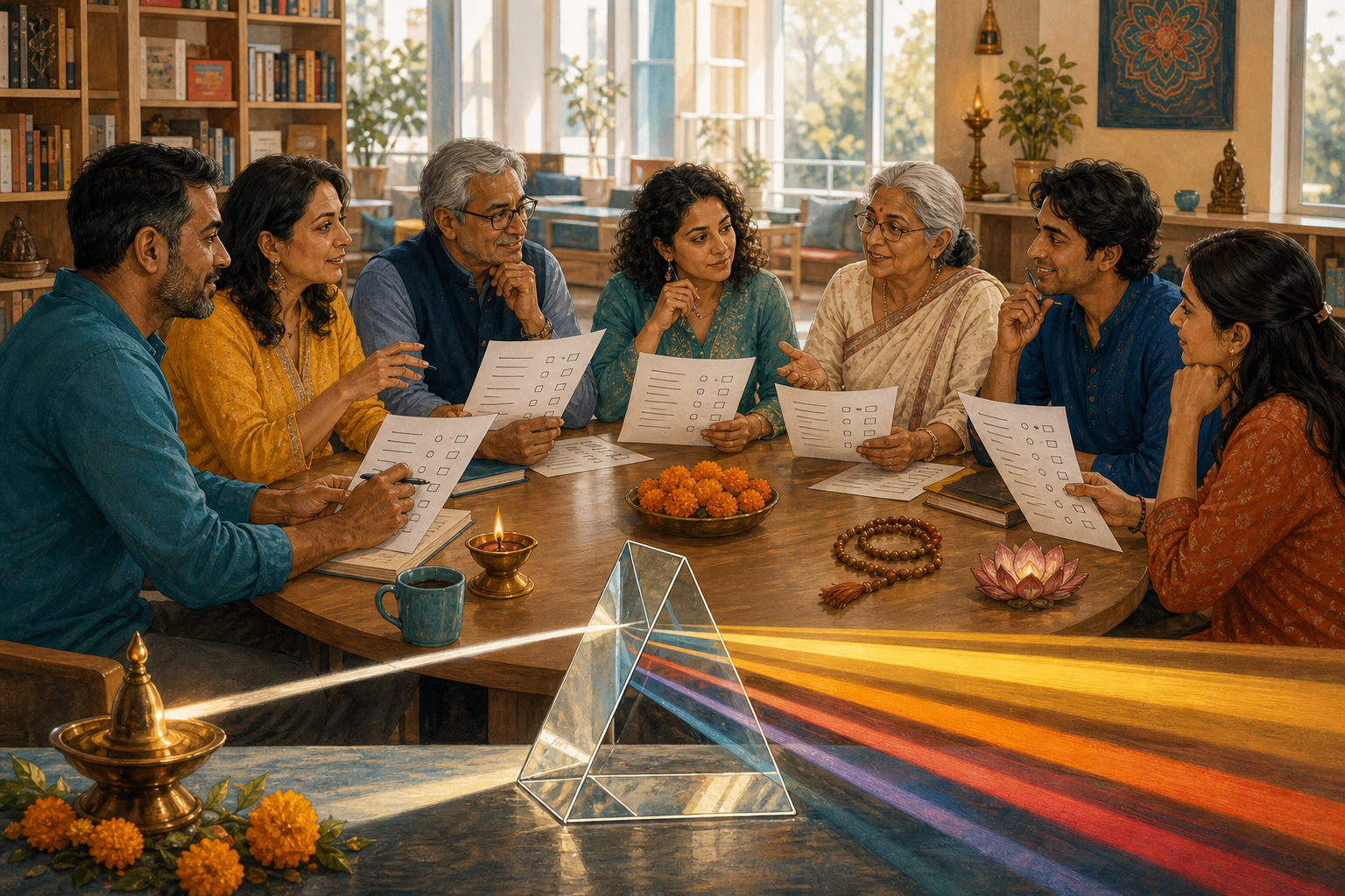 Indian American adults examine anonymous survey forms around a table while a glass prism divides one beam of light into several colored paths.