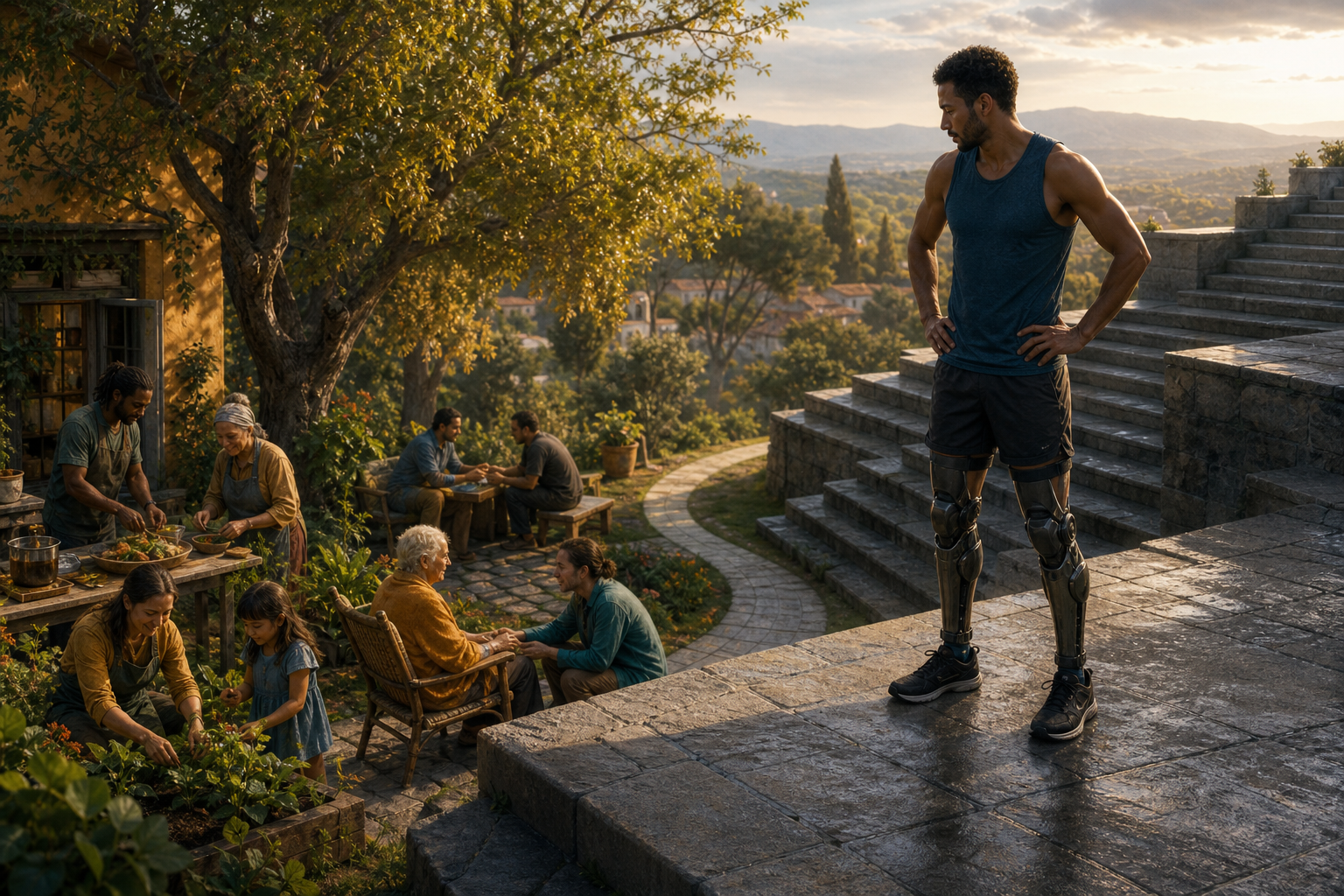 An augmented runner pauses alone at the top of stone steps while people below garden, share food, learn, and care for one another.