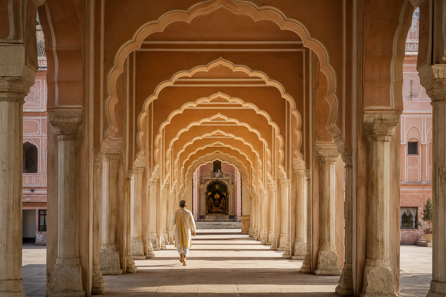 A barefoot pilgrim walks through repeating arches and sunlit passageways toward the temple worship space.
