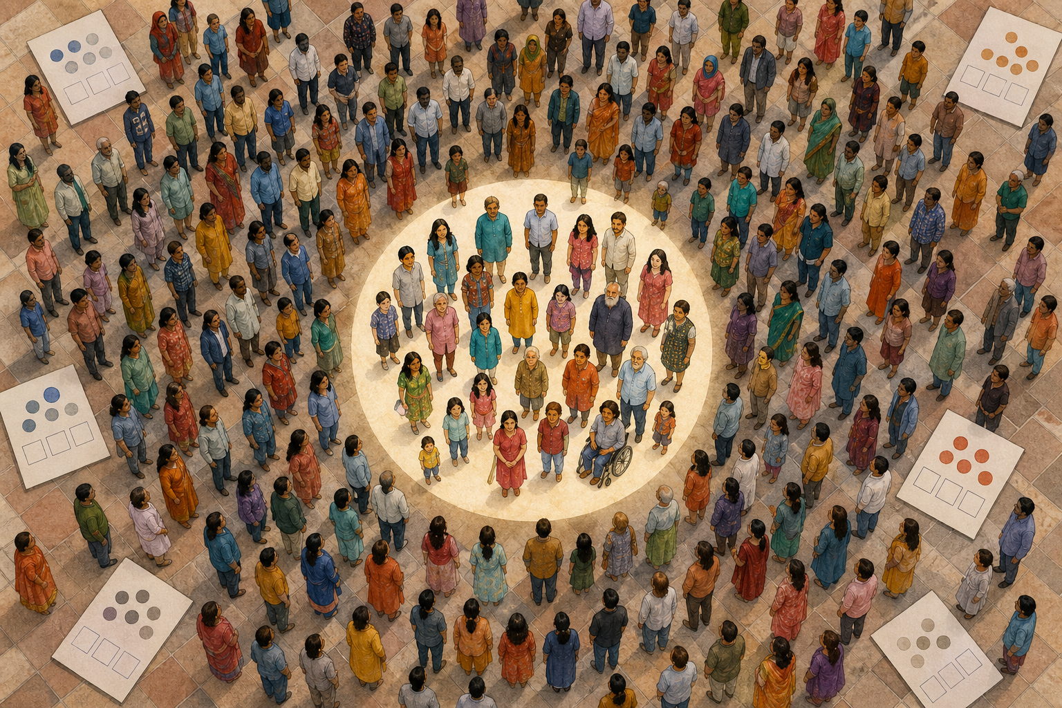 An overhead illustration of a diverse Indian American gathering with one smaller group highlighted by a circular pool of light.