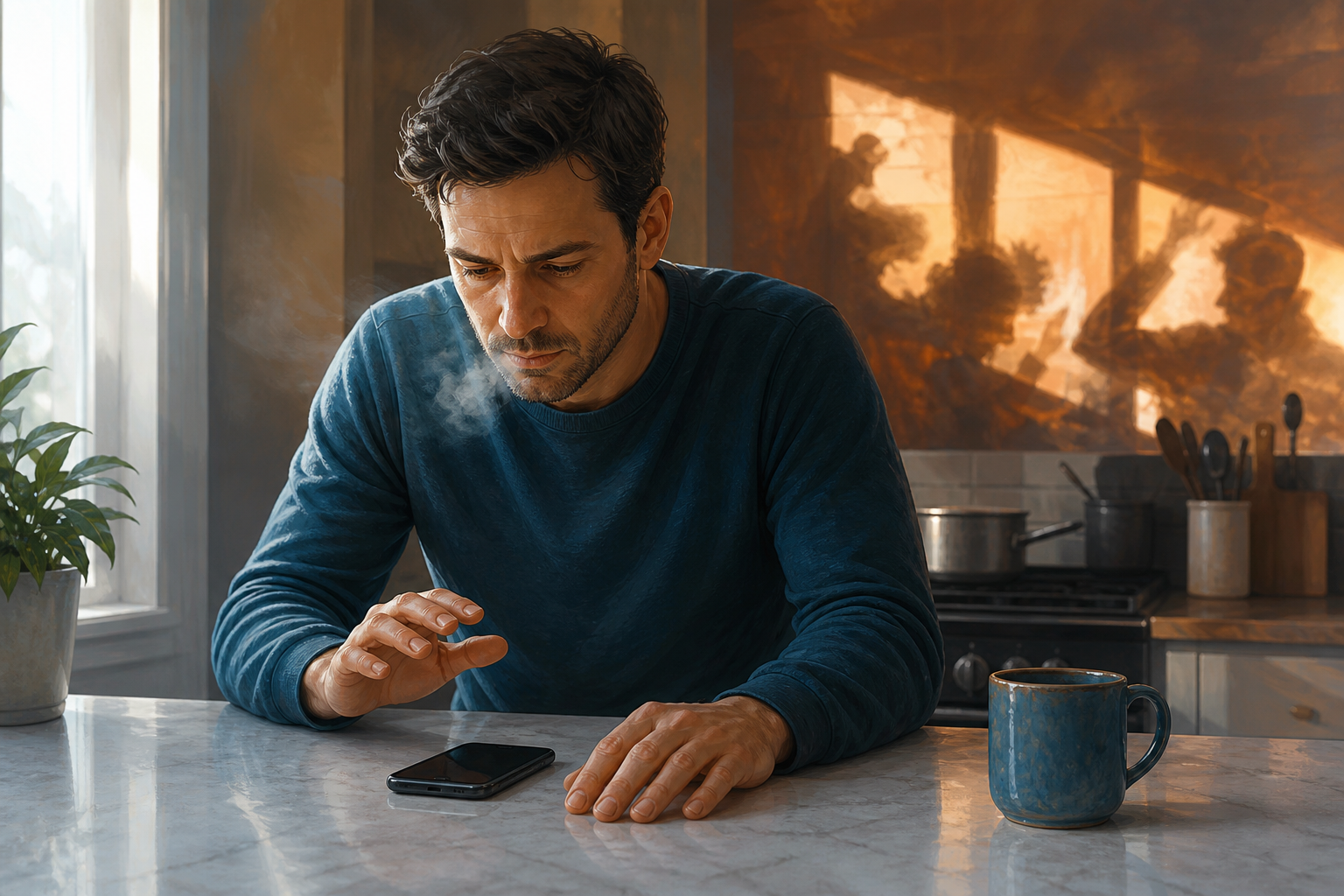 A person pauses beside a phone in a kitchen, breathing before responding to a tense notification.
