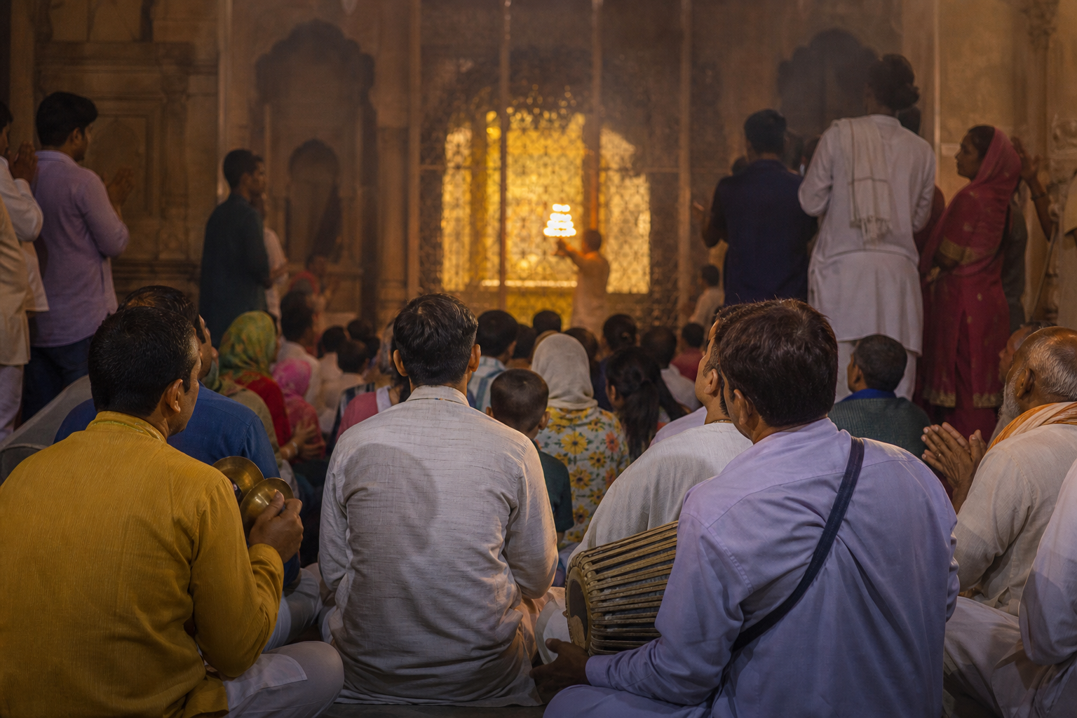 Devotees sing, clap, and play devotional instruments as an aarti lamp is offered inside the temple hall.