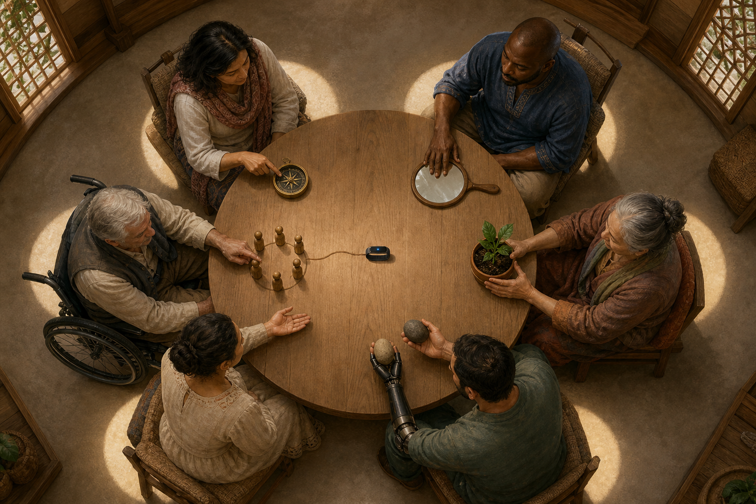 Six people sit around a low table examining an enhancement wearable alongside a compass, mirror, seedling, stones, and wooden figures.