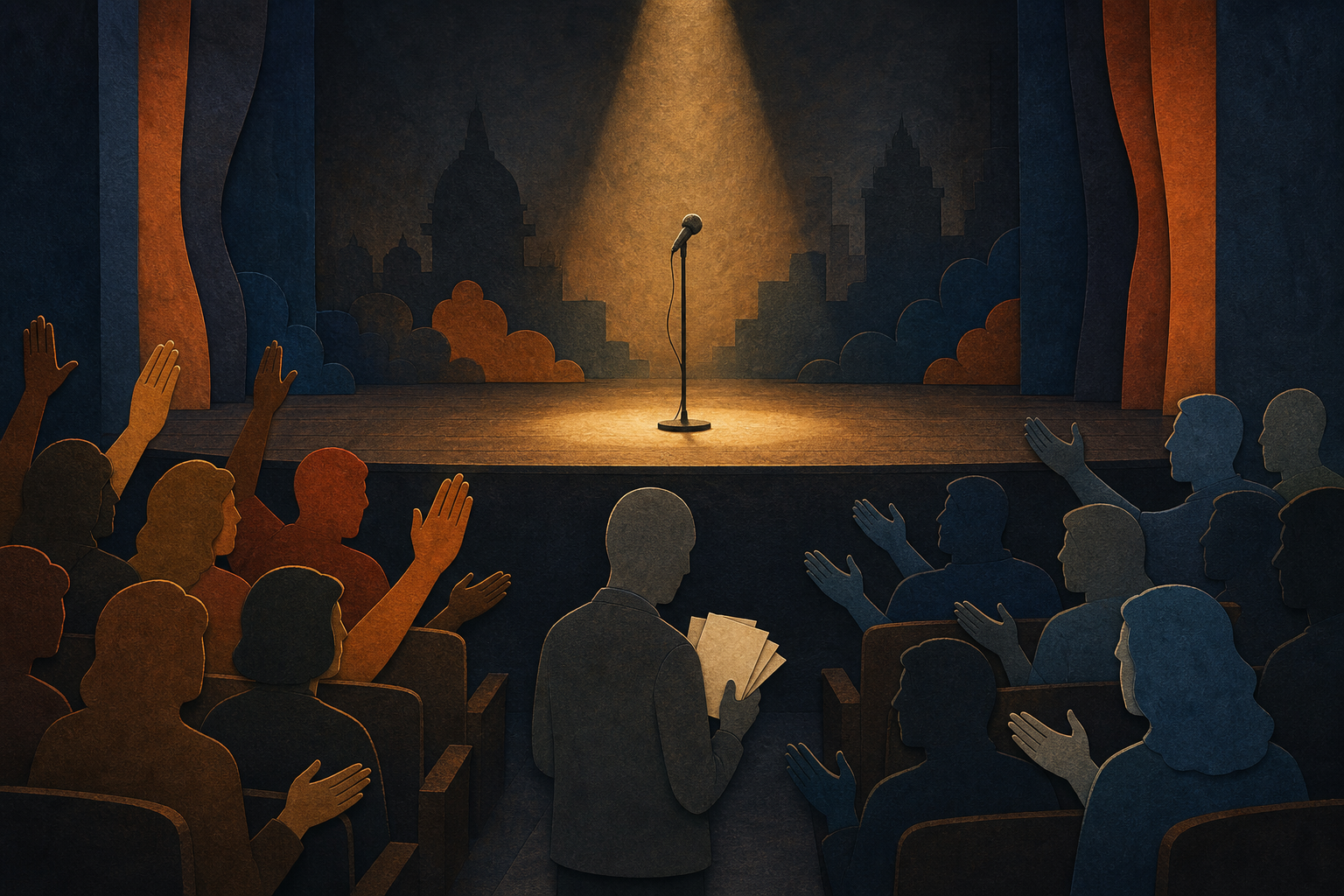 An empty microphone stands on a lit theatre stage while two groups of anonymous audience members gesture from opposite aisles and a central figure examines unmarked cards.