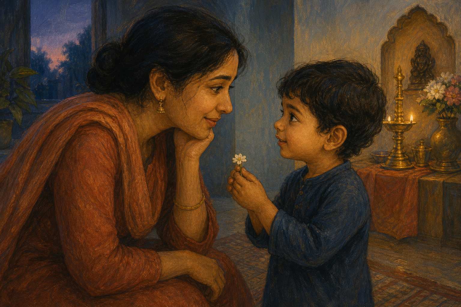A parent listens at eye level to a young child holding a flower, with a softly lit prayer alcove in the background.