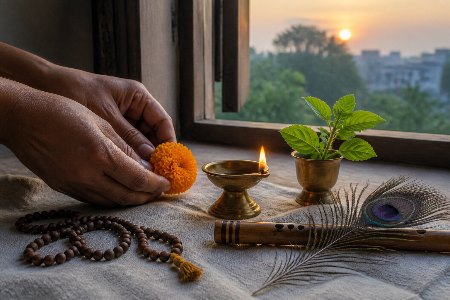 Hands place a marigold beside a home oil lamp, prayer beads, tulsi leaves, a flute, and a peacock feather at sunrise.