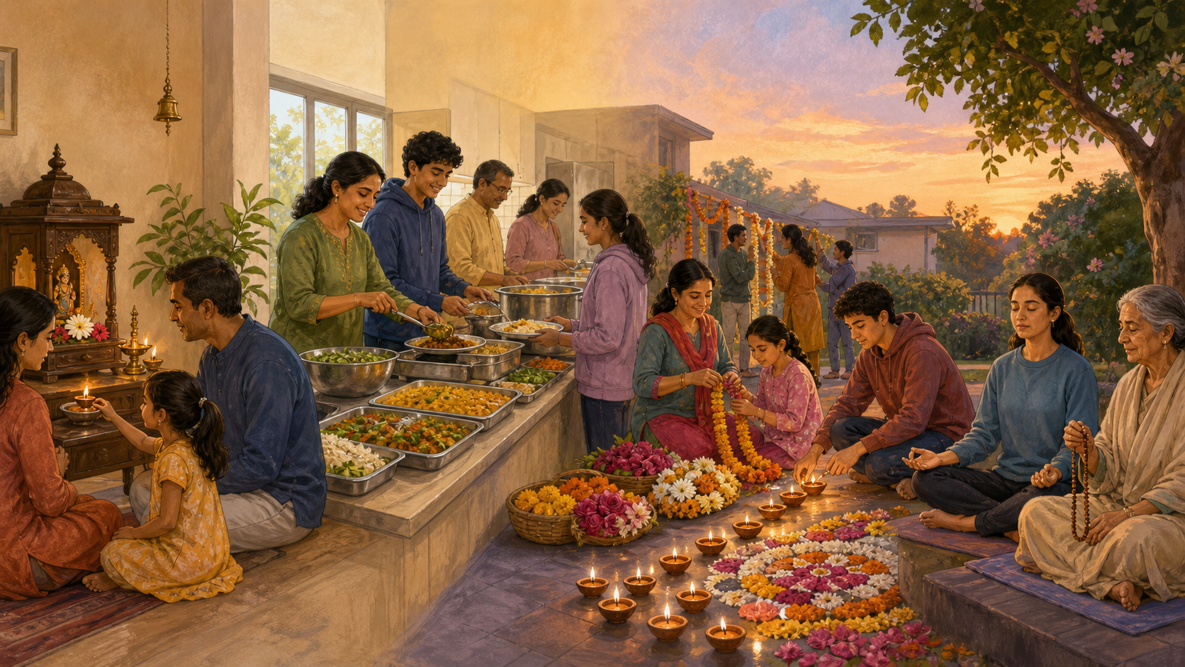 Connected scenes show Indian American families practicing devotion at home, serving a community meal, preparing festival lamps, and meditating.