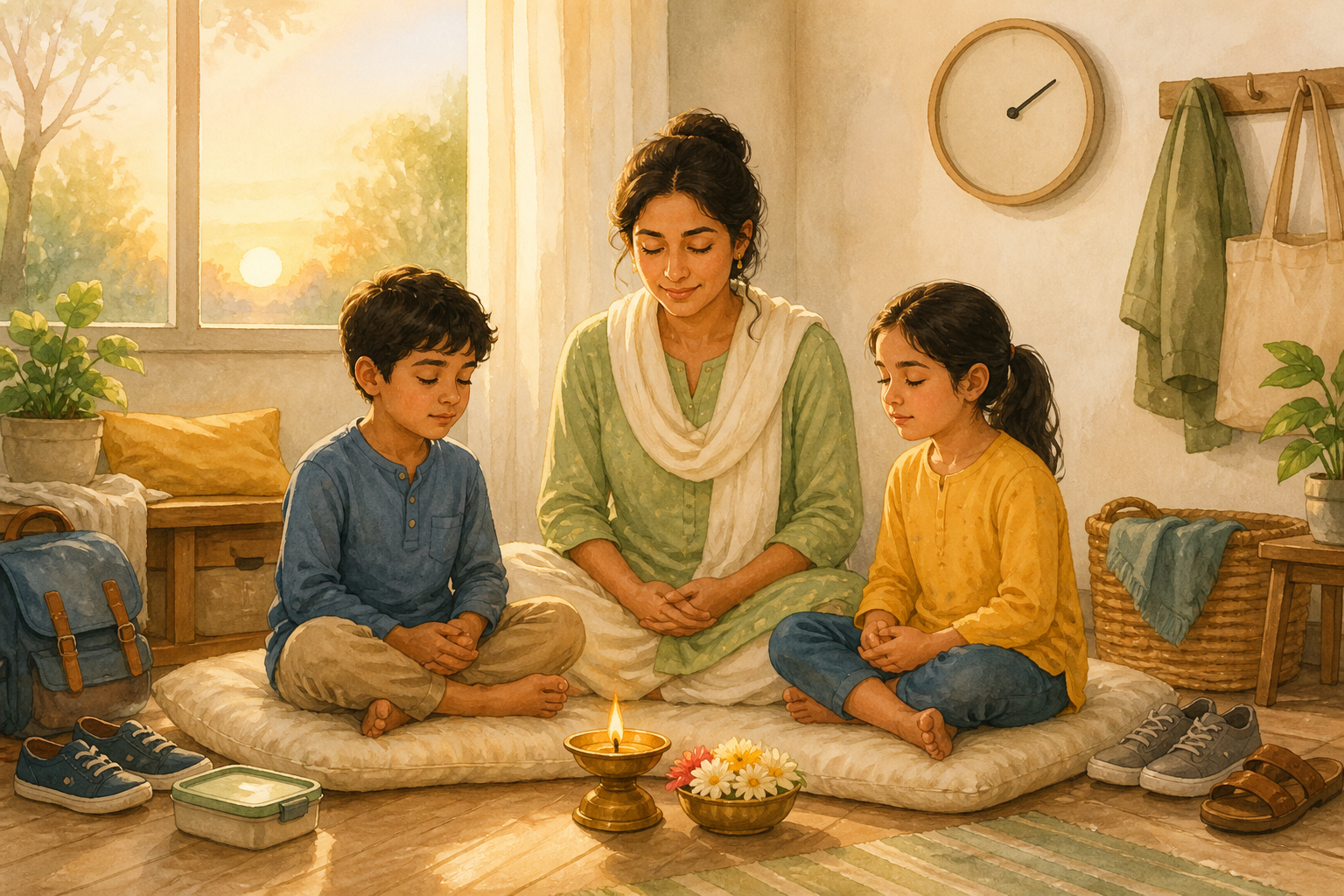 A parent and two children pause beside a small lamp and flowers while school bags and morning items wait nearby.