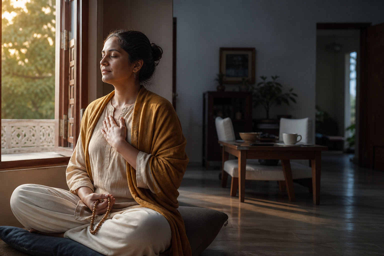 An adult sits beside a dawn-lit window with wooden prayer beads and one hand over the heart, near a phone, tea, and a second place setting.