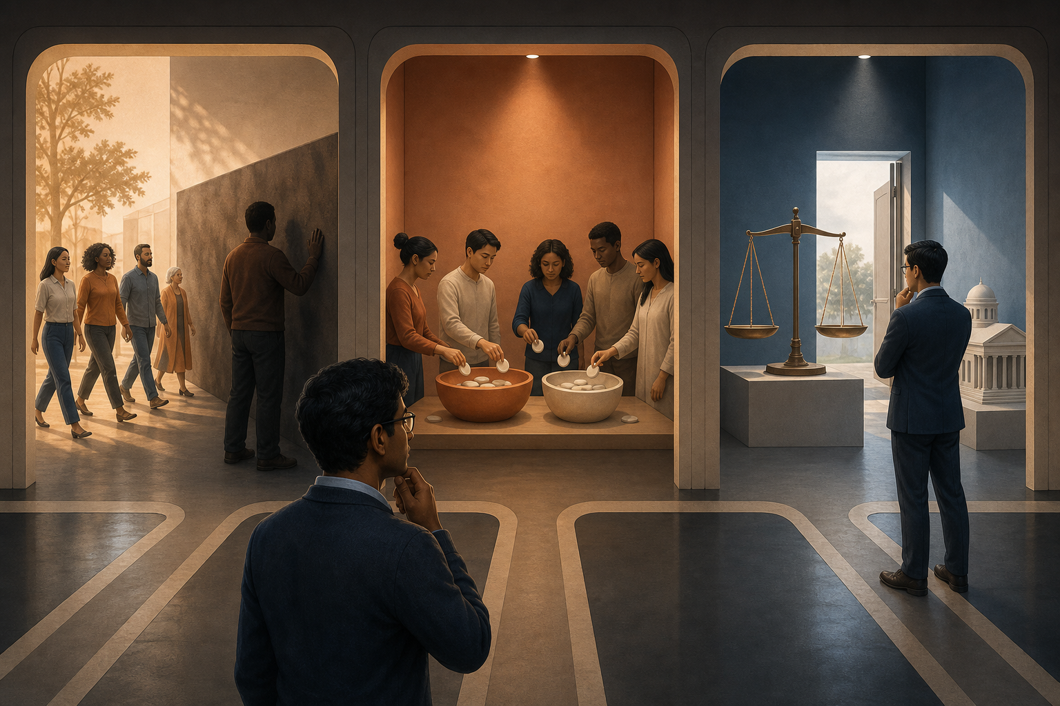 A researcher compares three separate symbolic alcoves representing discrimination, policy choice, and legal design.