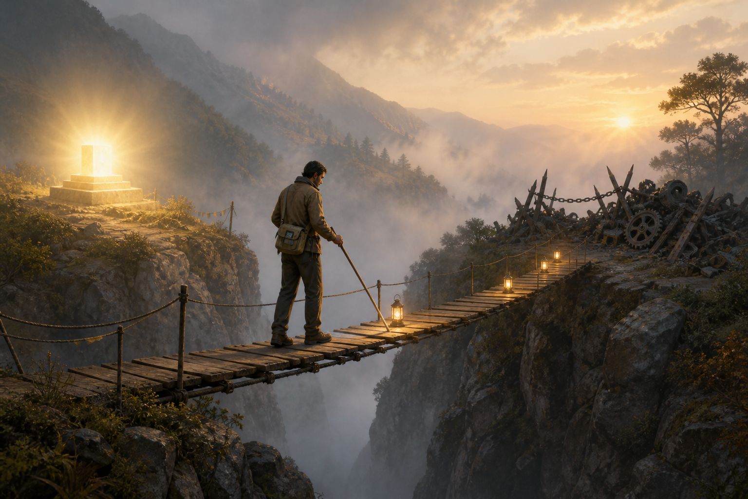 A traveler carrying a biomedical device carefully tests a lantern-lit bridge between a bright pedestal and a dark machinery barricade.