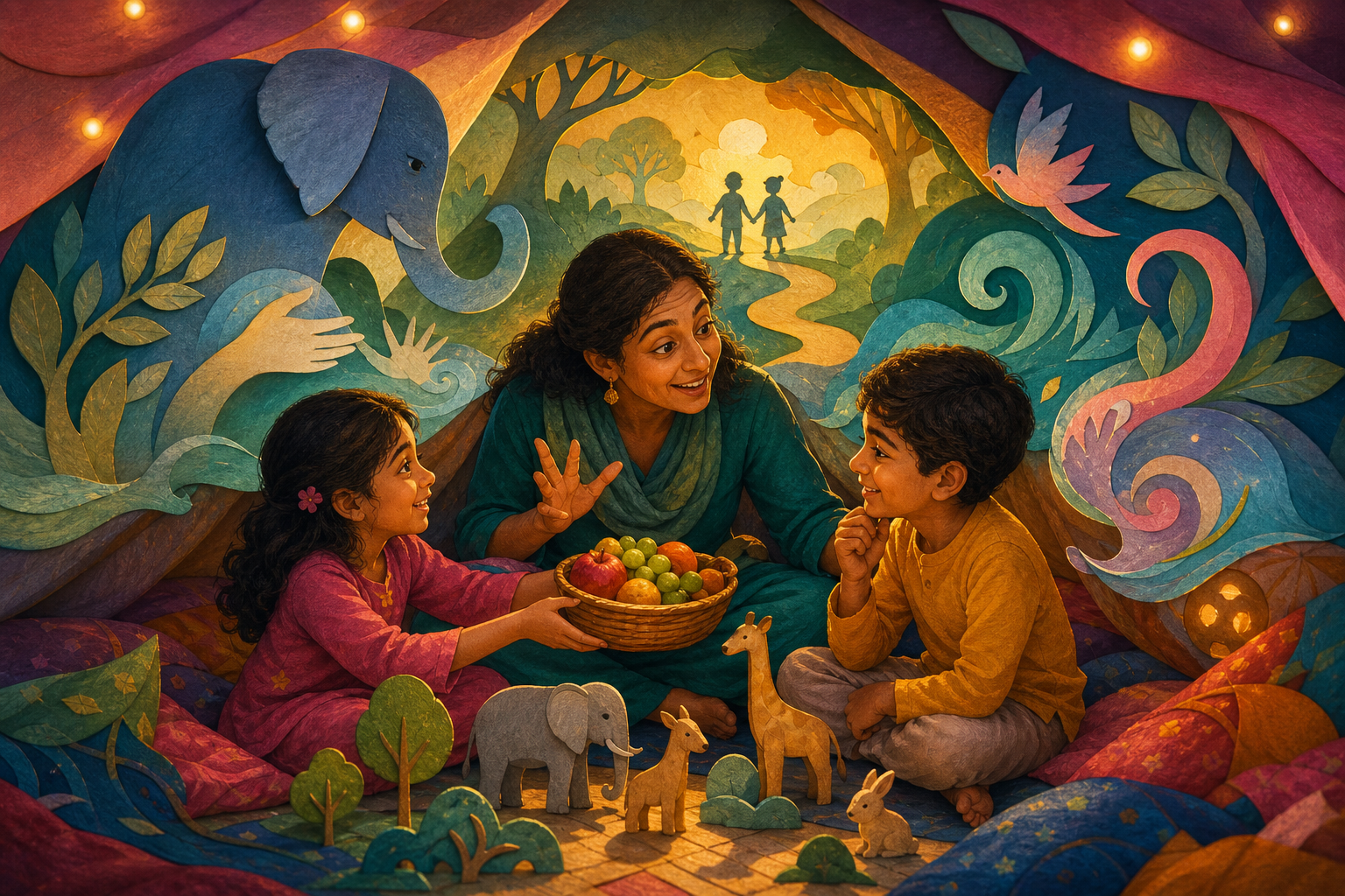 A parent uses wooden animals to tell a story to two children inside a blanket fort as they play with a shared basket of fruit.