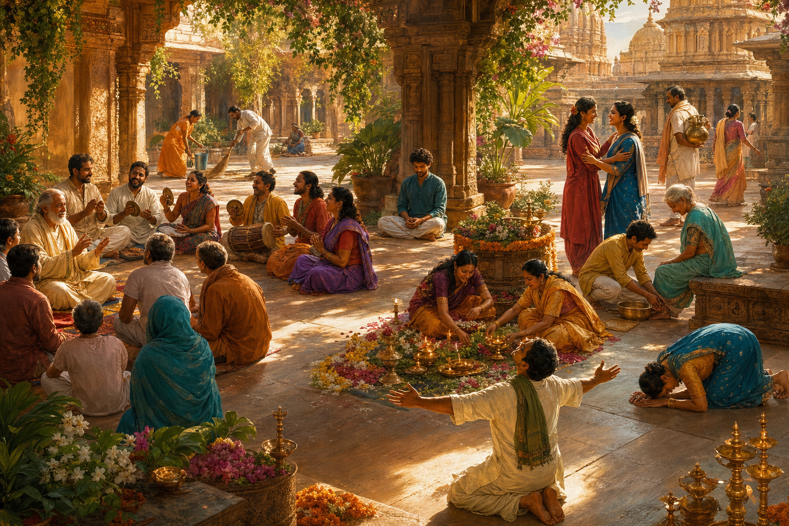 People of different ages practice listening, singing, contemplation, worship, prayer, respectful care, service, friendship, and surrender in a temple courtyard.
