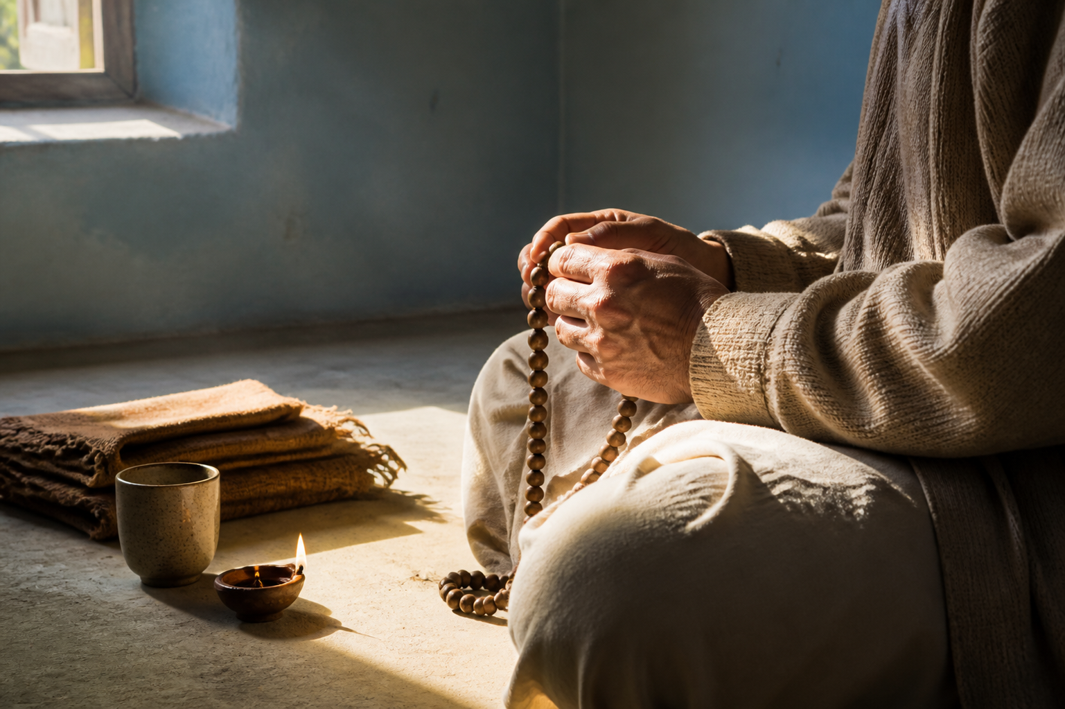A seated adult holds plain wooden prayer beads beside a folded shawl, ceramic cup, and small oil lamp in early morning light.