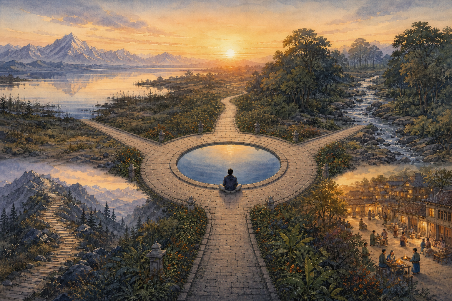 A seated seeker beside a still circular pool as four separate paths lead toward different landscapes at sunrise.