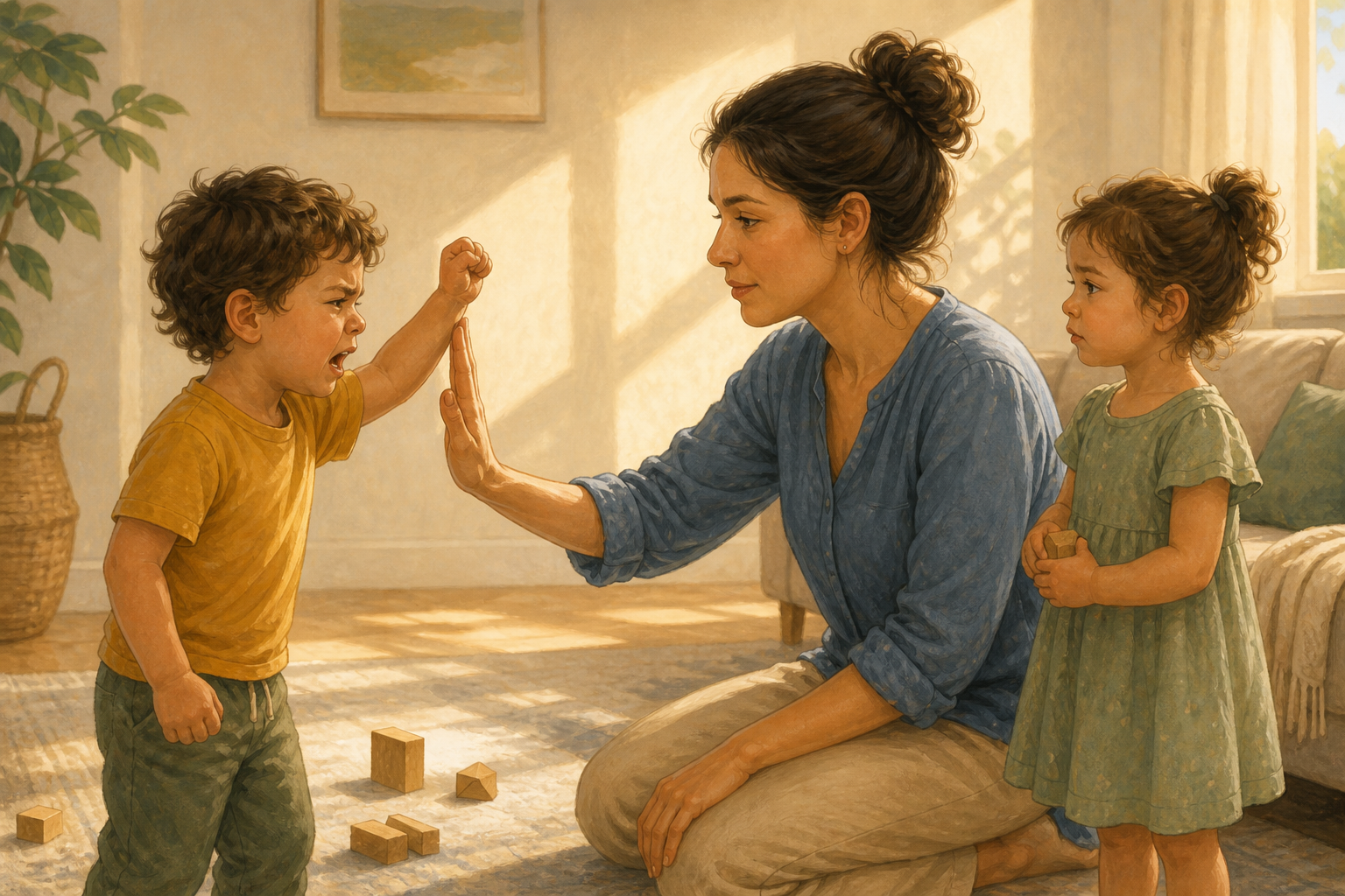 A parent calmly stops one child's raised hand while another child stands nearby beside toppled wooden blocks.