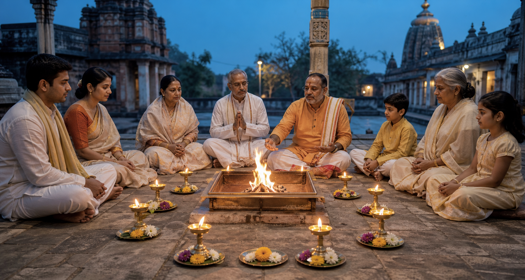 A priest and an intergenerational group perform a fire ceremony in a temple courtyard, with nine brass lamps and flower offerings arranged around the havan kund.