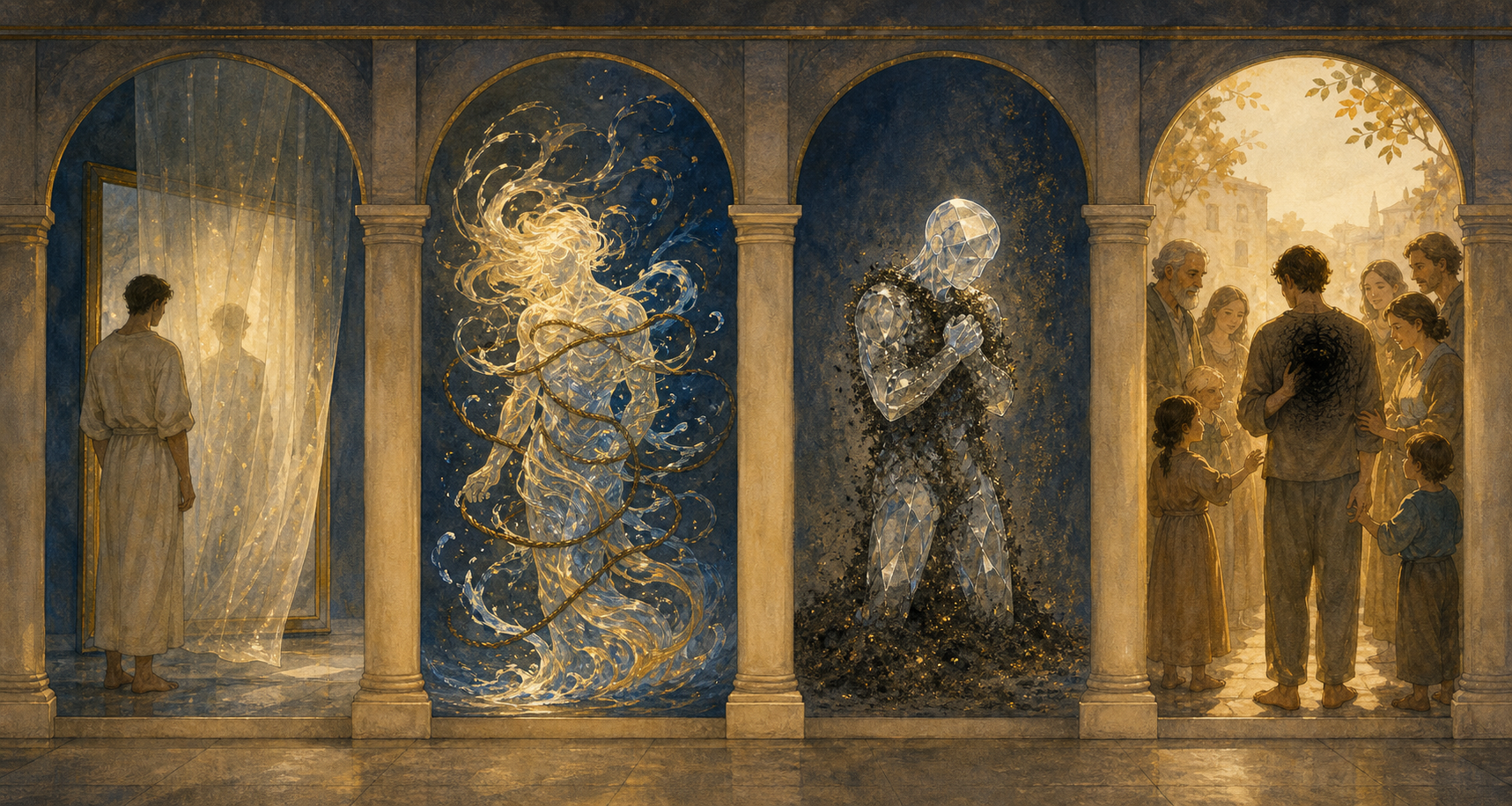 Four adjacent symbolic chambers show a veiled mirror, a changing figure bound by cords, a luminous figure covered in dust, and a householder enclosed by a dark shadow.