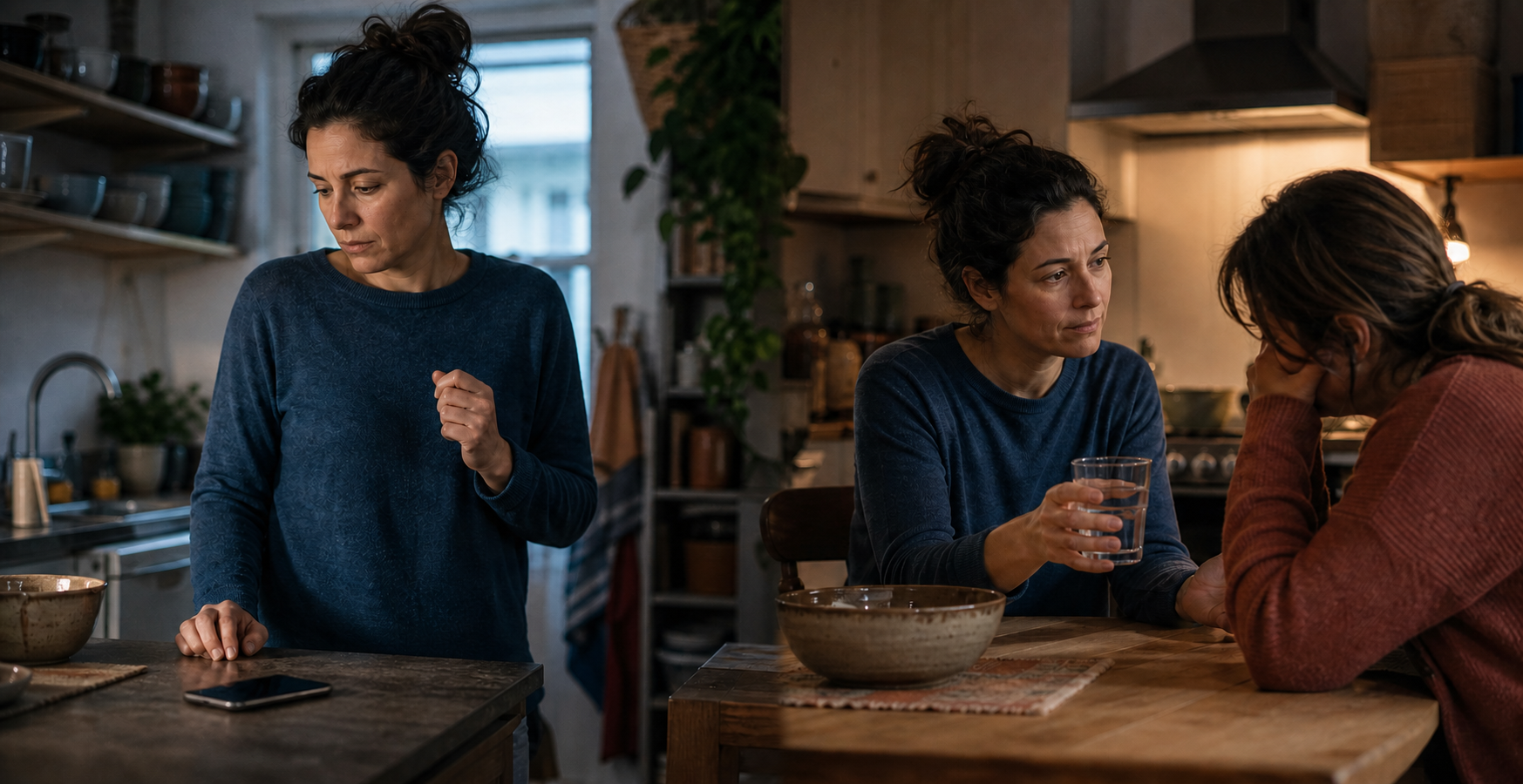 Two connected kitchen scenes show an adult first pausing beside a phone and then offering water while listening to a distressed family member.